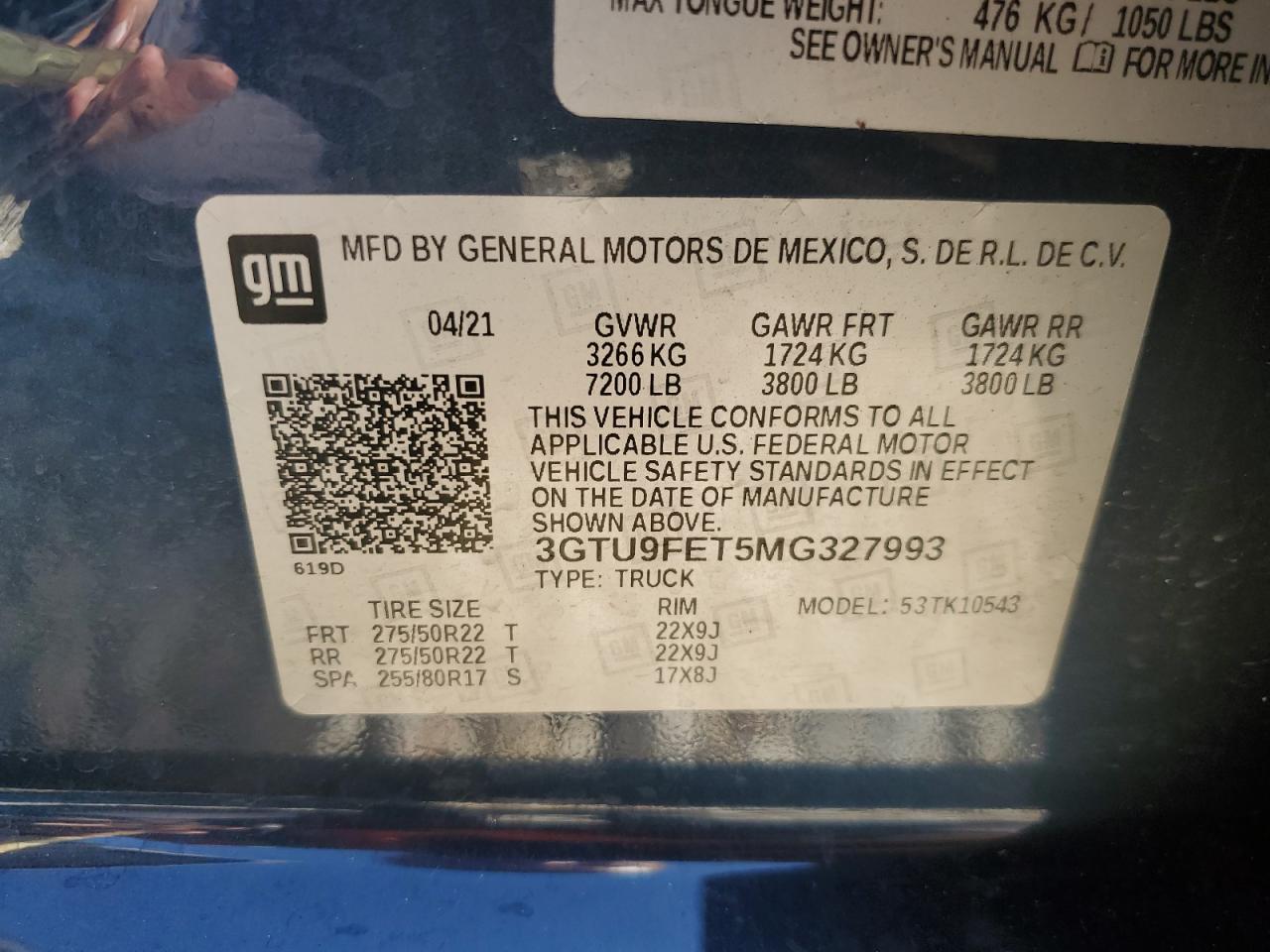 2021 GMC Sierra K1500 Denali VIN: 3GTU9FET5MG327993 Lot: 62282124