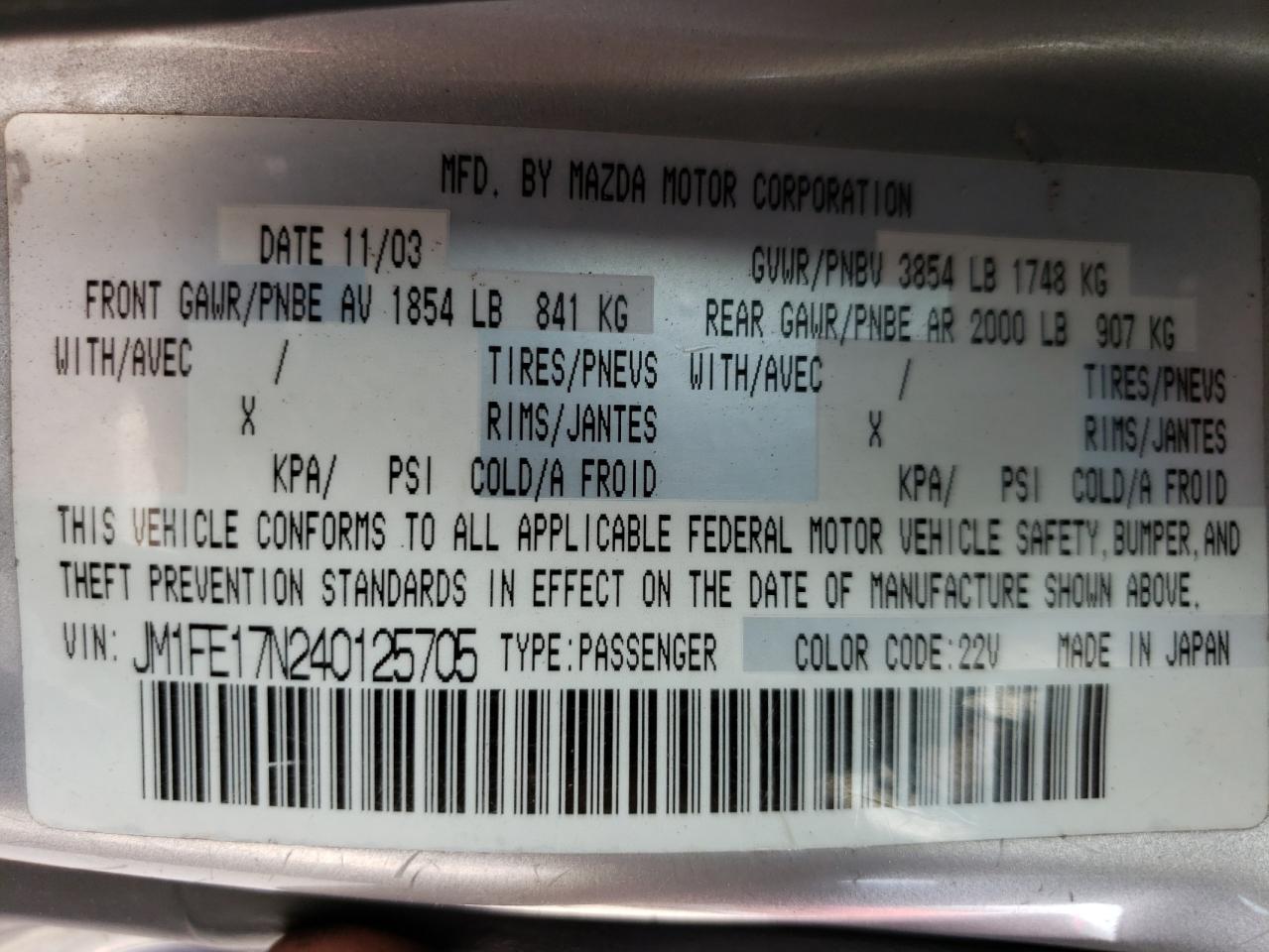 2004 Mazda Rx8 VIN: JM1FE17N240125705 Lot: 64517254