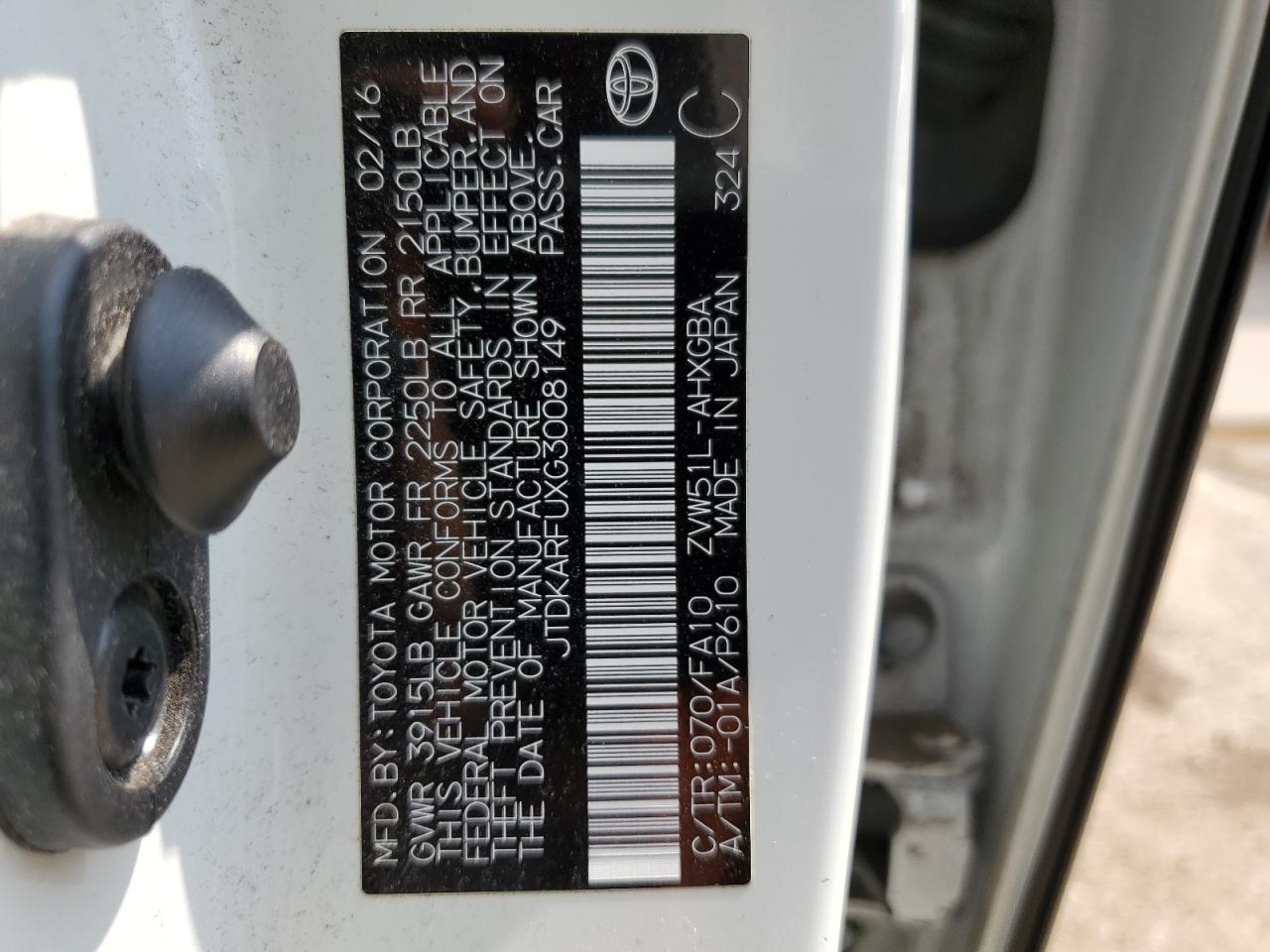 2016 Toyota Prius VIN: JTDKARFUXG3008149 Lot: 63720224