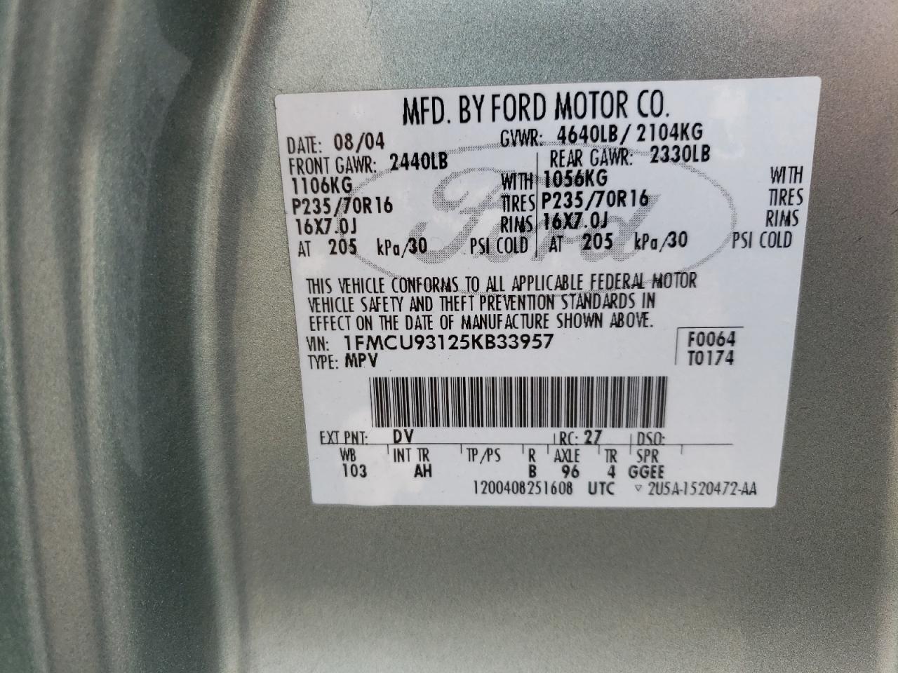 2005 Ford Escape Xlt VIN: 1FMCU93125KB33957 Lot: 64816634