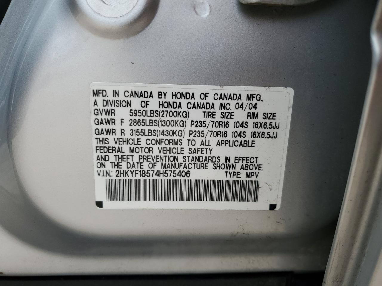 2004 Honda Pilot Exl VIN: 2HKYF18574H575406 Lot: 64787674