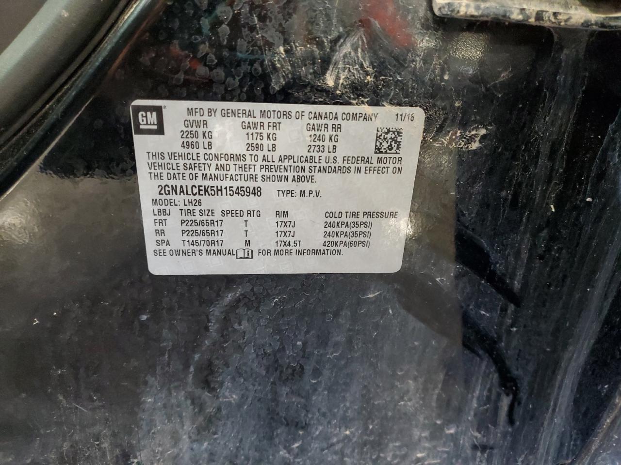 2017 Chevrolet Equinox Lt VIN: 2GNALCEK5H1545948 Lot: 63883364