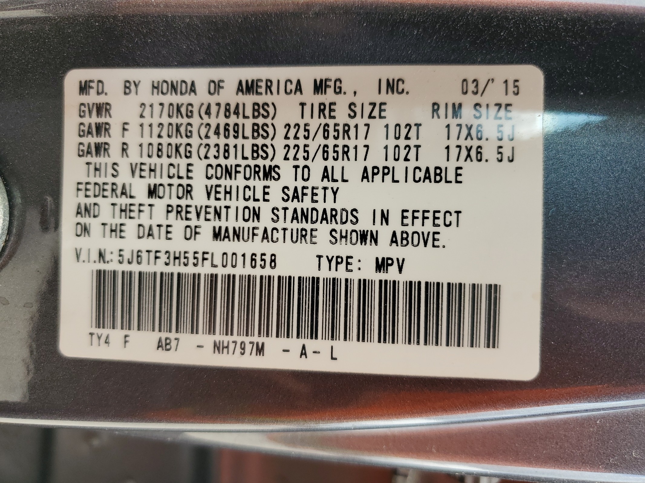 5J6TF3H55FL001658 2015 Honda Crosstour Exl