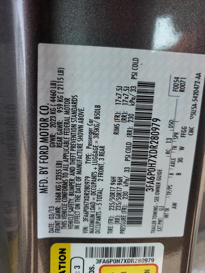 2013 Ford Fusion Se VIN: 3FA6P0H7XDR280979 Lot: 62626994