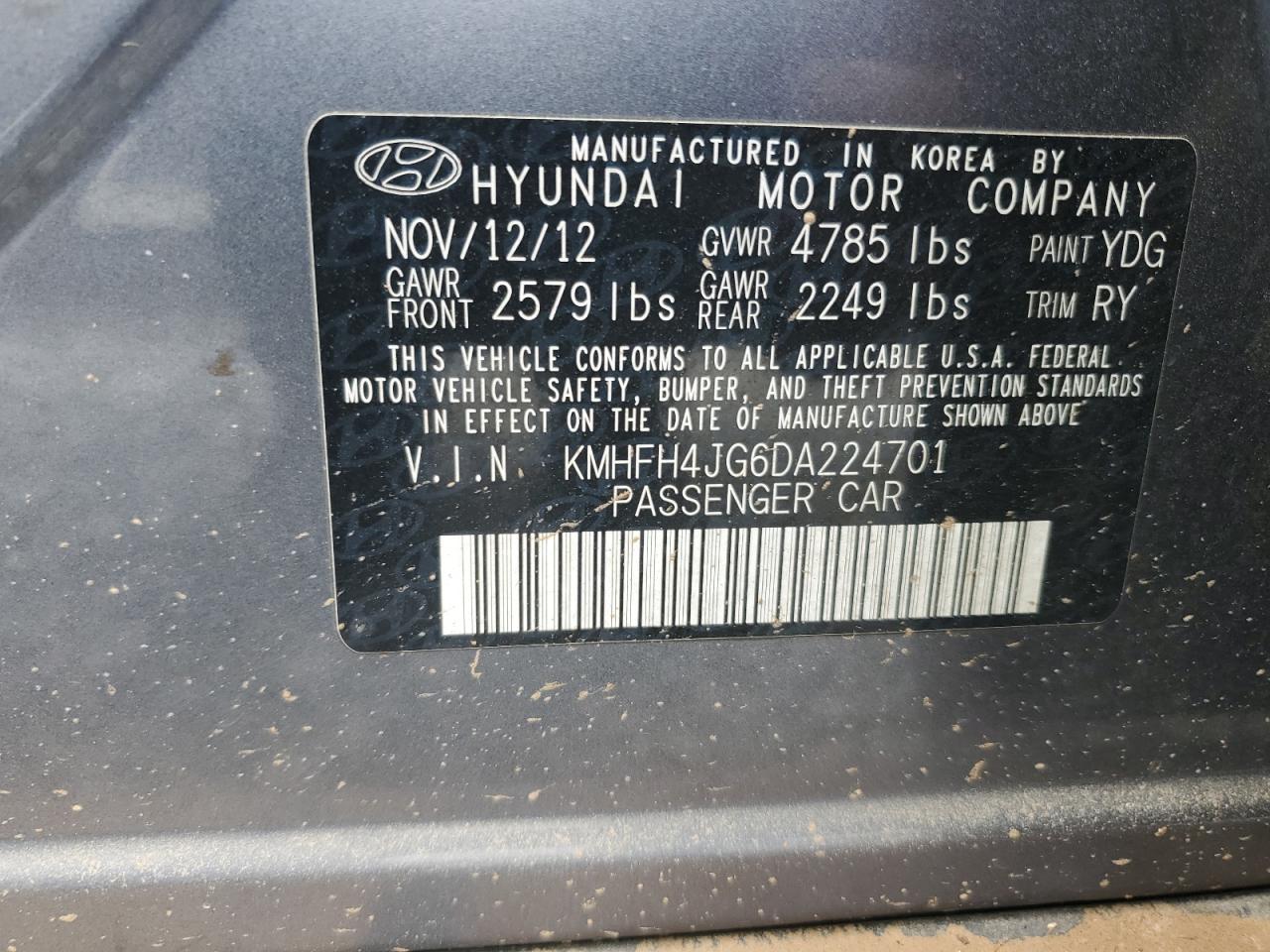 KMHFH4JG6DA224701 2013 Hyundai Azera Gls