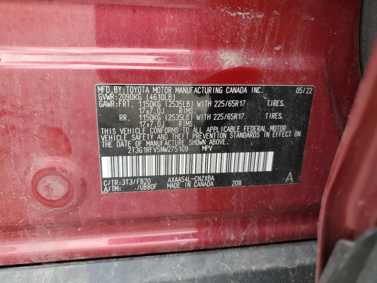 2022 Toyota Rav4 Le VIN: 2T3G1RFV5NW275109 Lot: 60885874