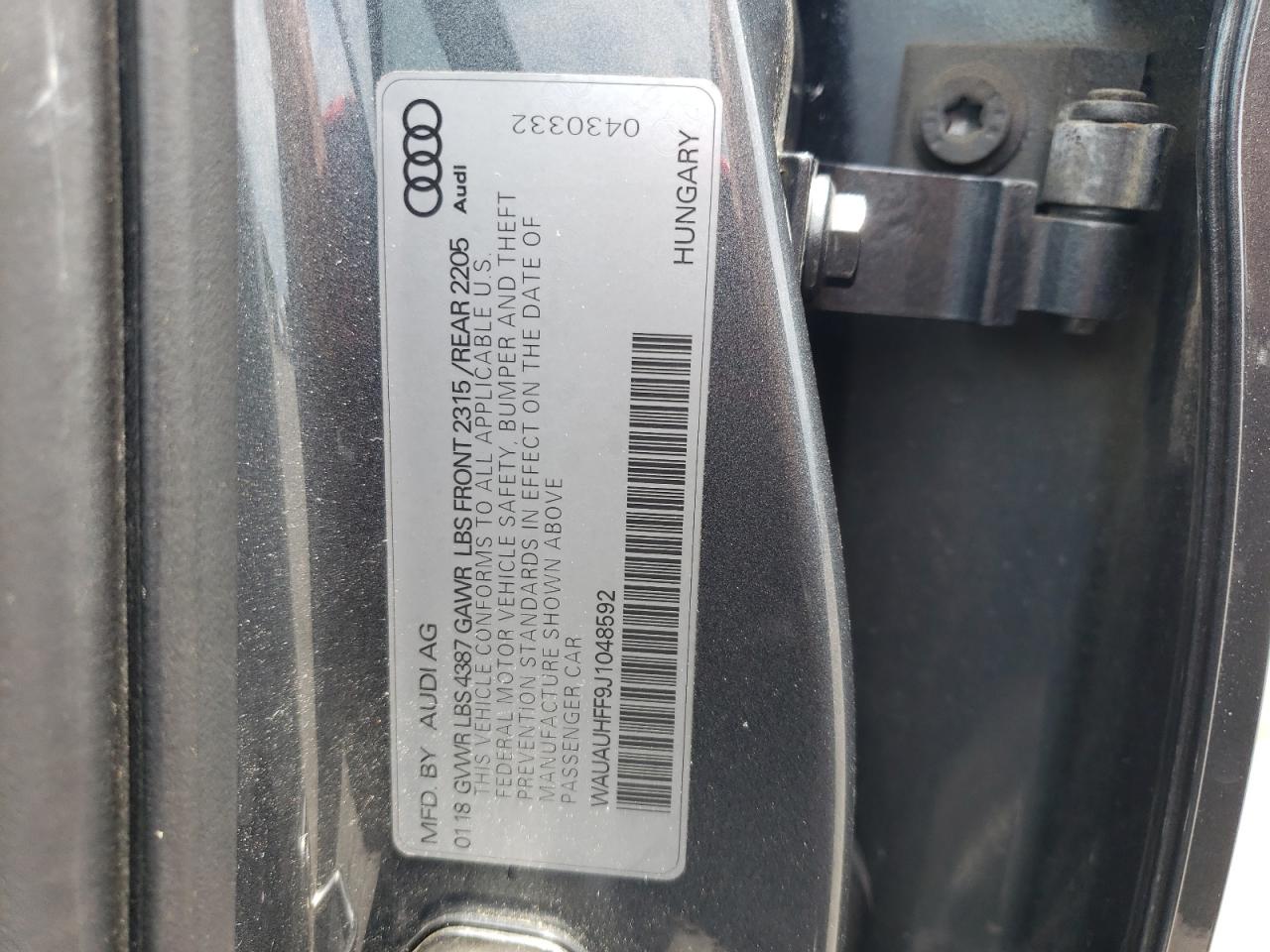 2018 Audi A3 Premium VIN: WAUAUHFF9J1048592 Lot: 62951854