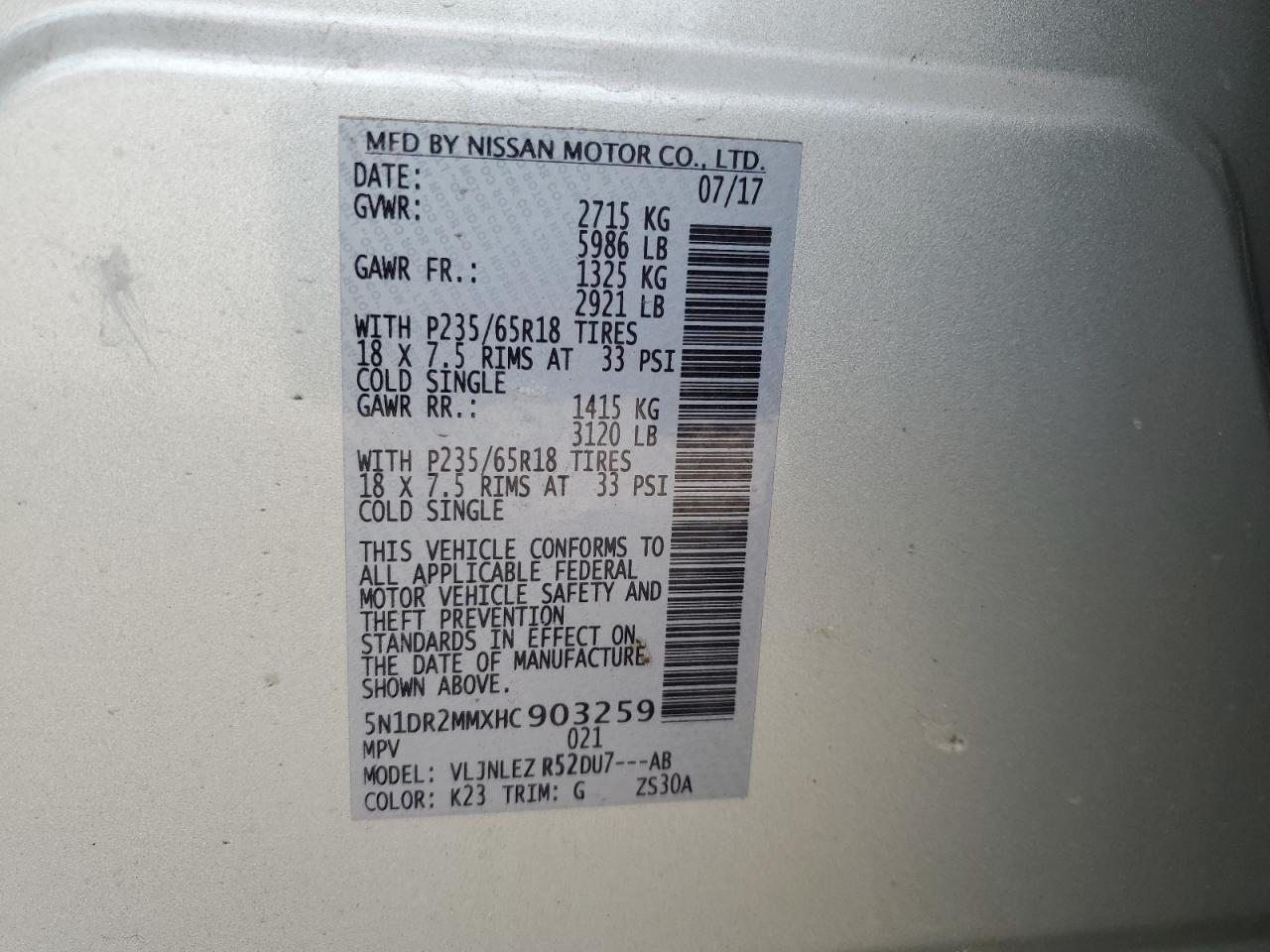 2017 Nissan Pathfinder S VIN: 5N1DR2MMXHC903259 Lot: 64933834