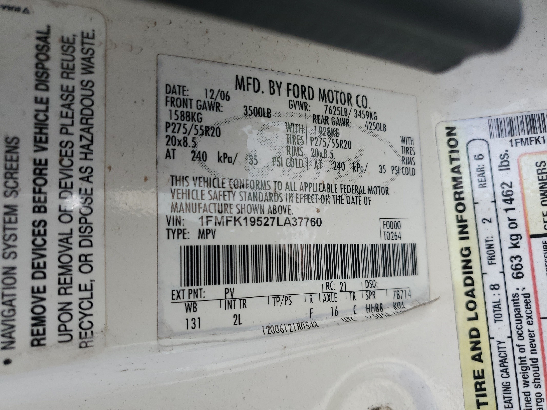 1FMFK19527LA37760 2007 Ford Expedition El Limited