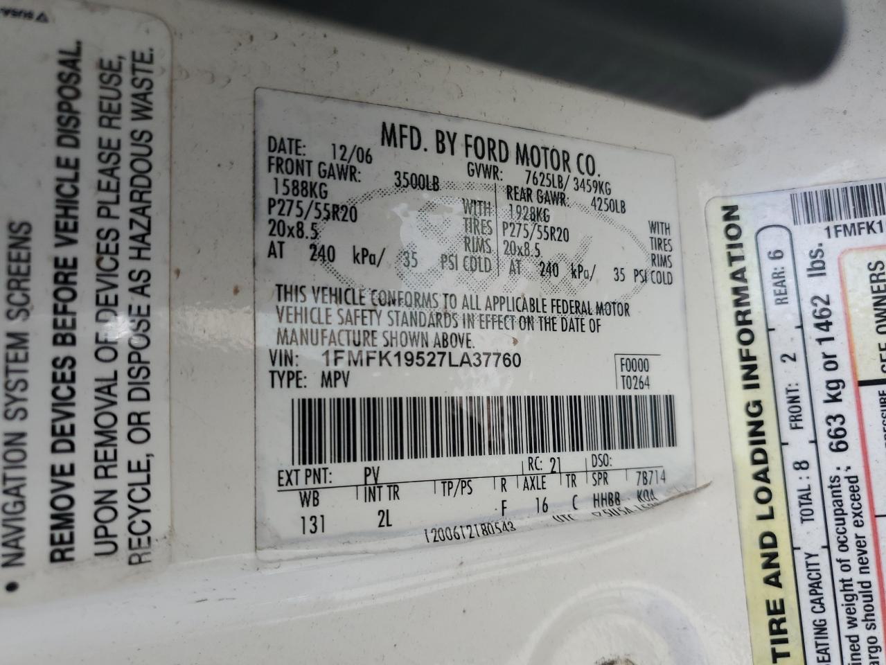 2007 Ford Expedition El Limited VIN: 1FMFK19527LA37760 Lot: 62649064