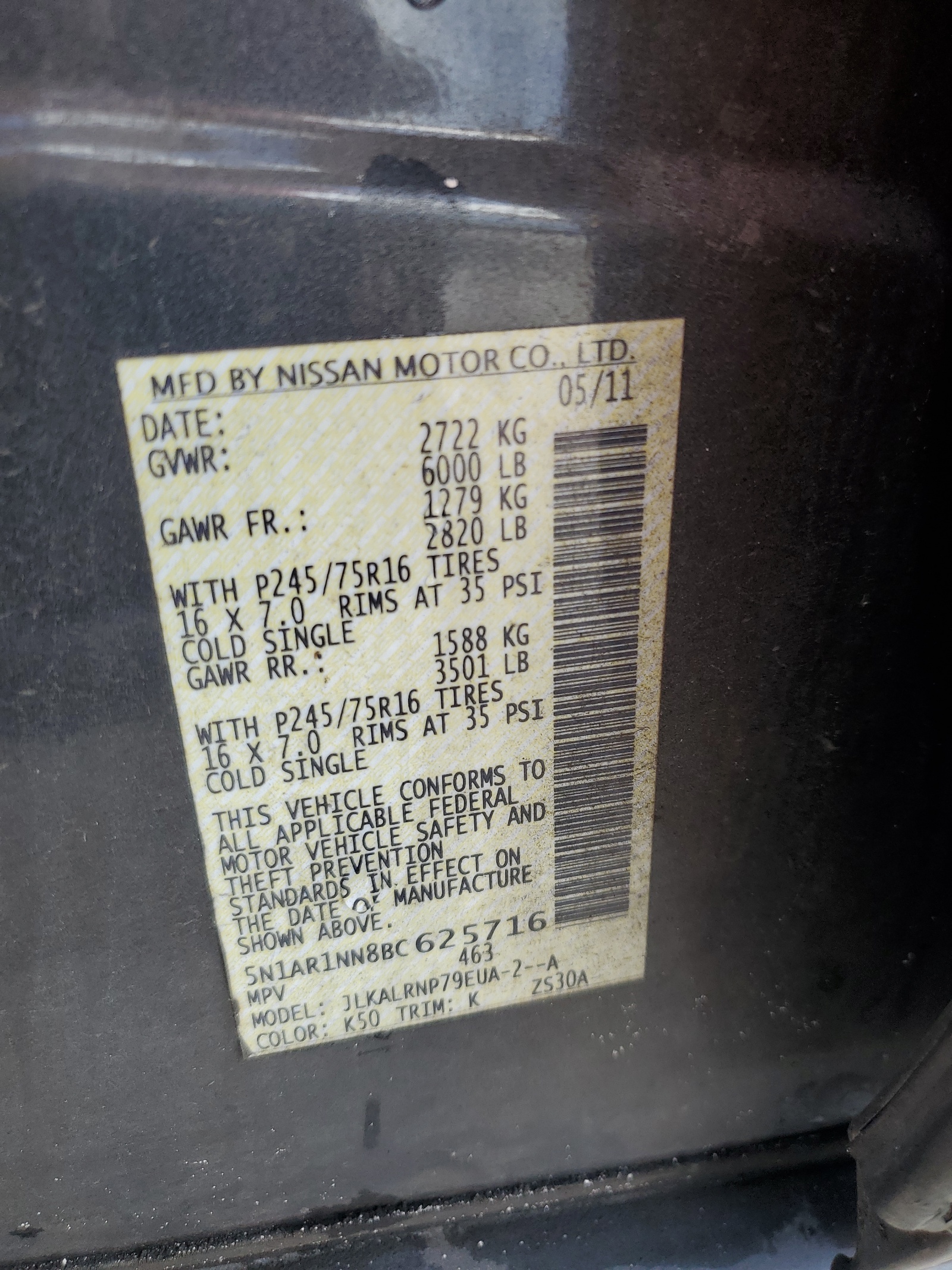 5N1AR1NN8BC625716 2011 Nissan Pathfinder S