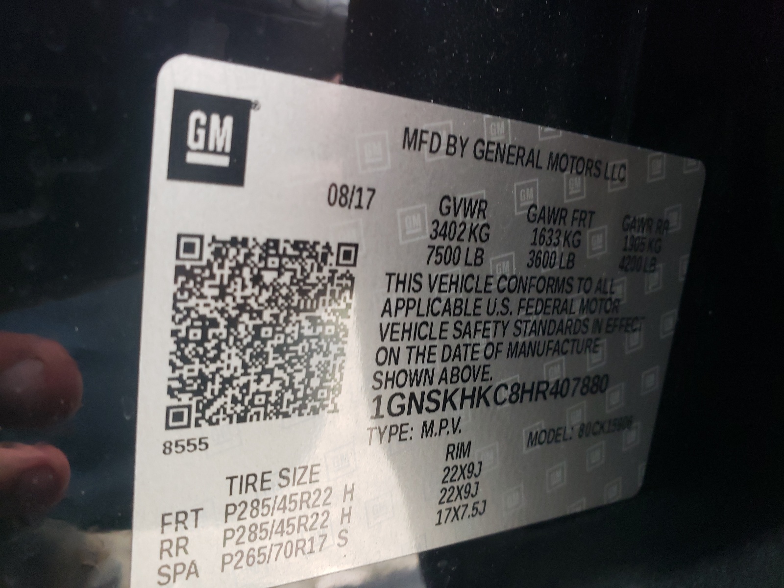 1GNSKHKC8HR407880 2017 Chevrolet Suburban K1500 Lt