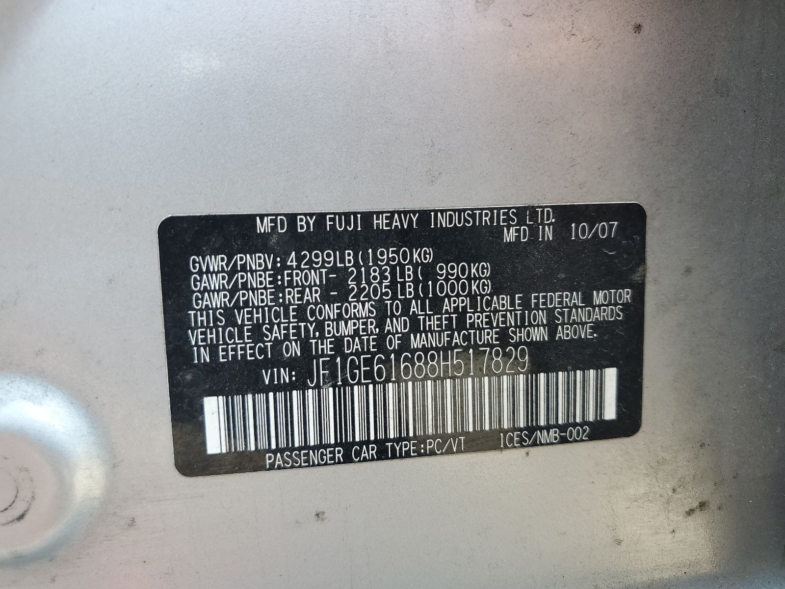 JF1GE61688H517829 2008 Subaru Impreza 2.5I