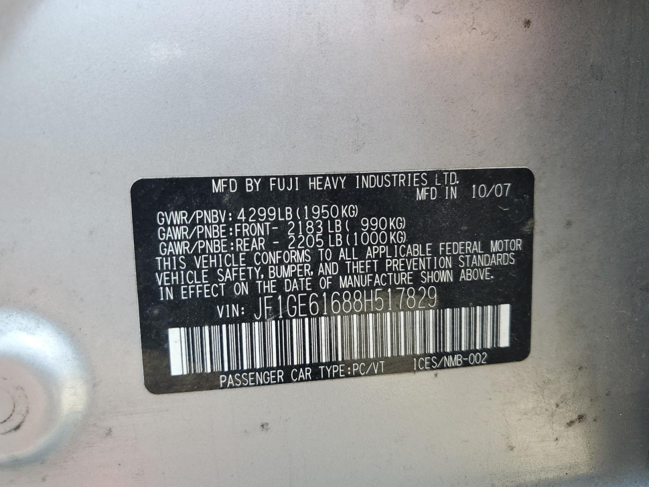 2008 Subaru Impreza 2.5I VIN: JF1GE61688H517829 Lot: 65687754