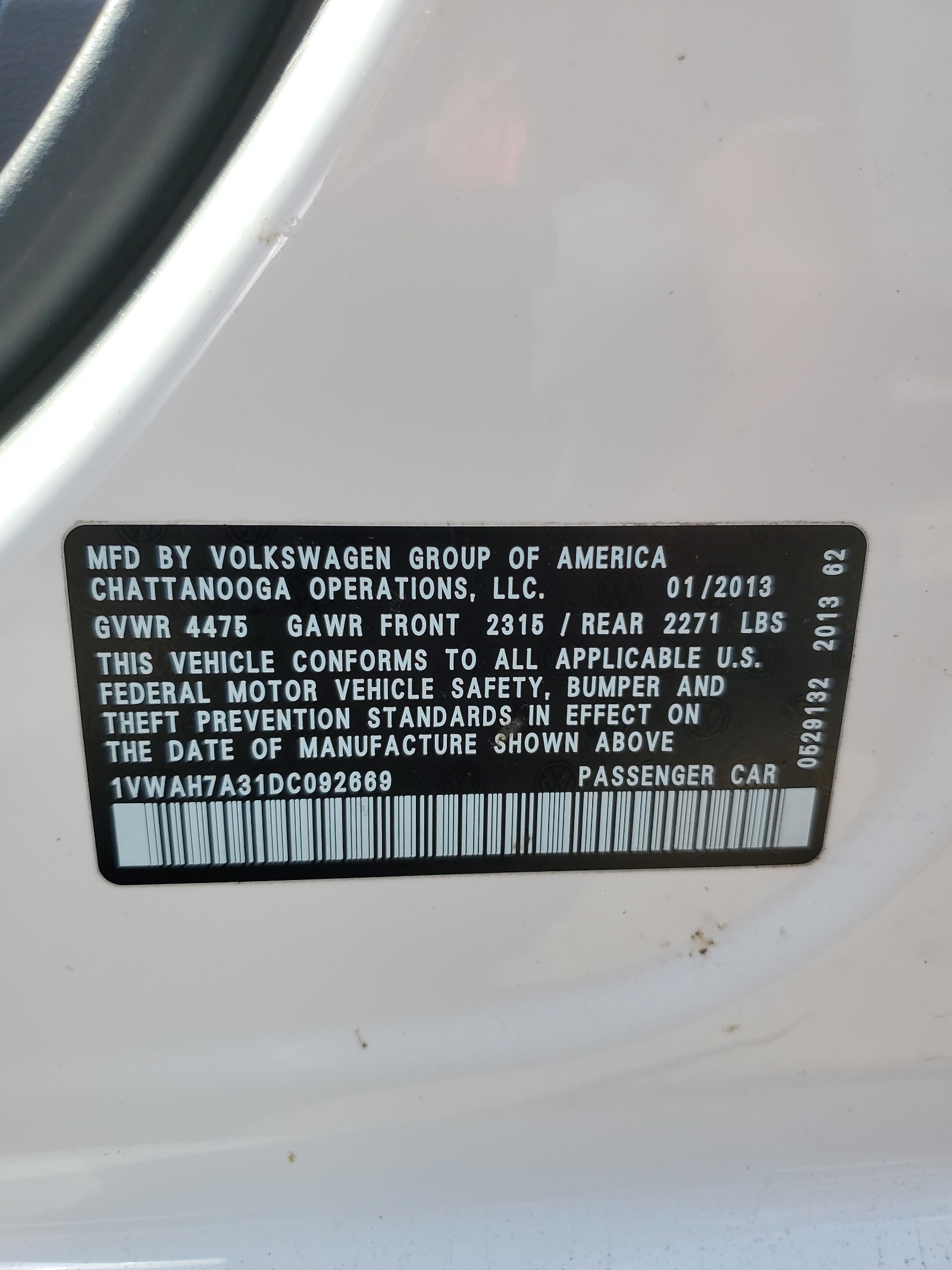 1VWAH7A31DC092669 2013 Volkswagen Passat S