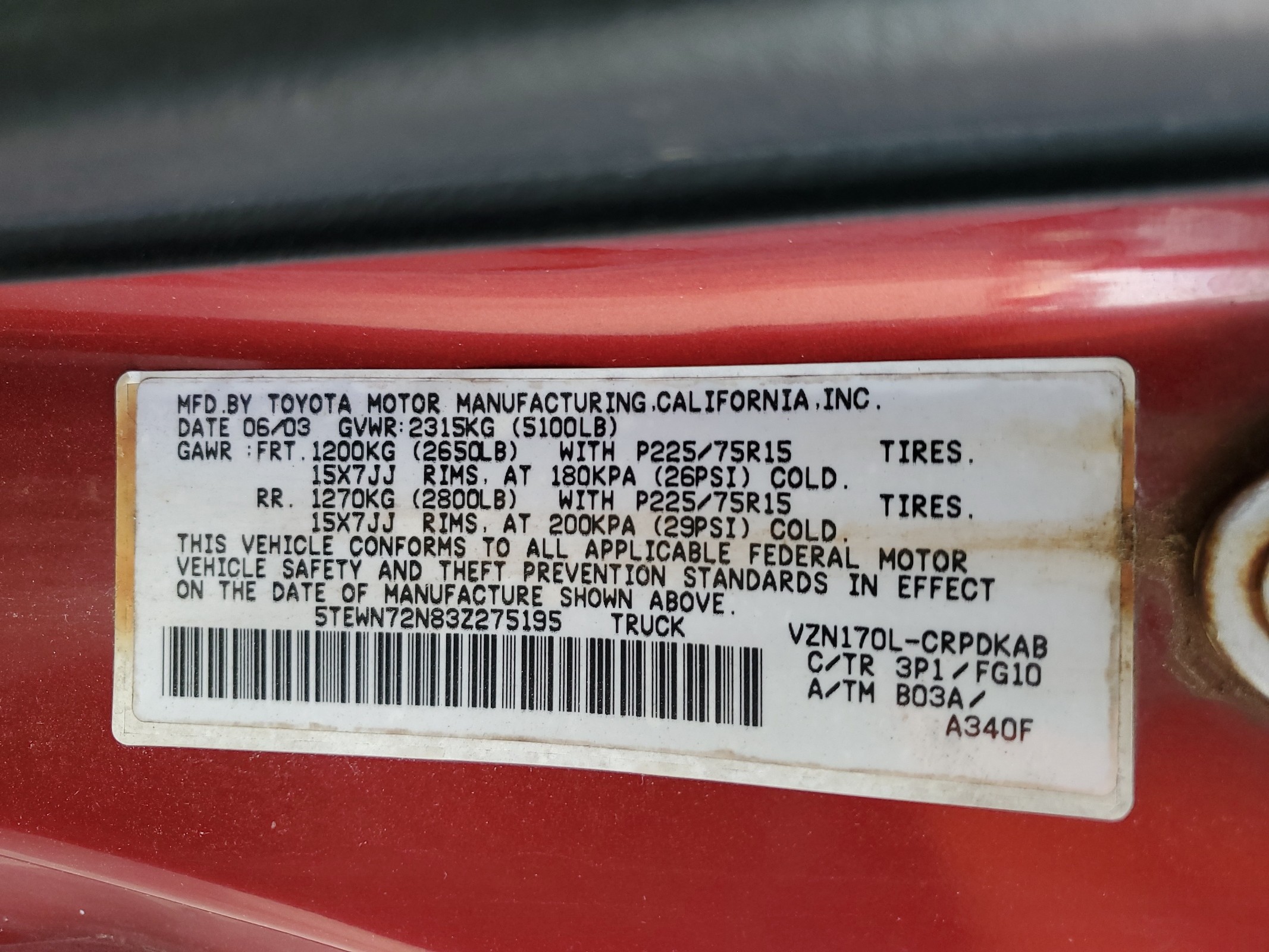 5TEWN72N83Z275195 2003 Toyota Tacoma Xtracab