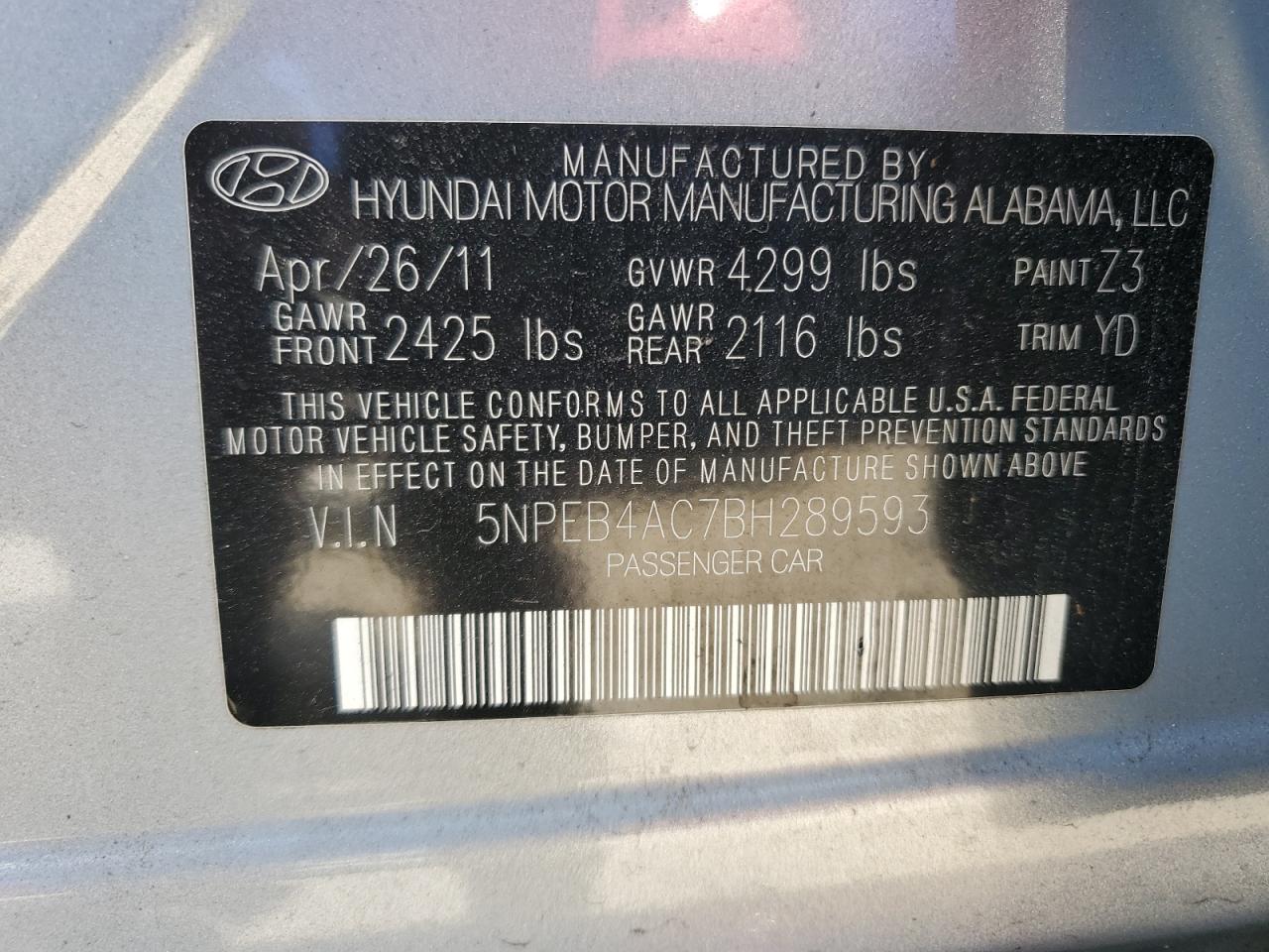 5NPEB4AC7BH289593 2011 Hyundai Sonata Gls