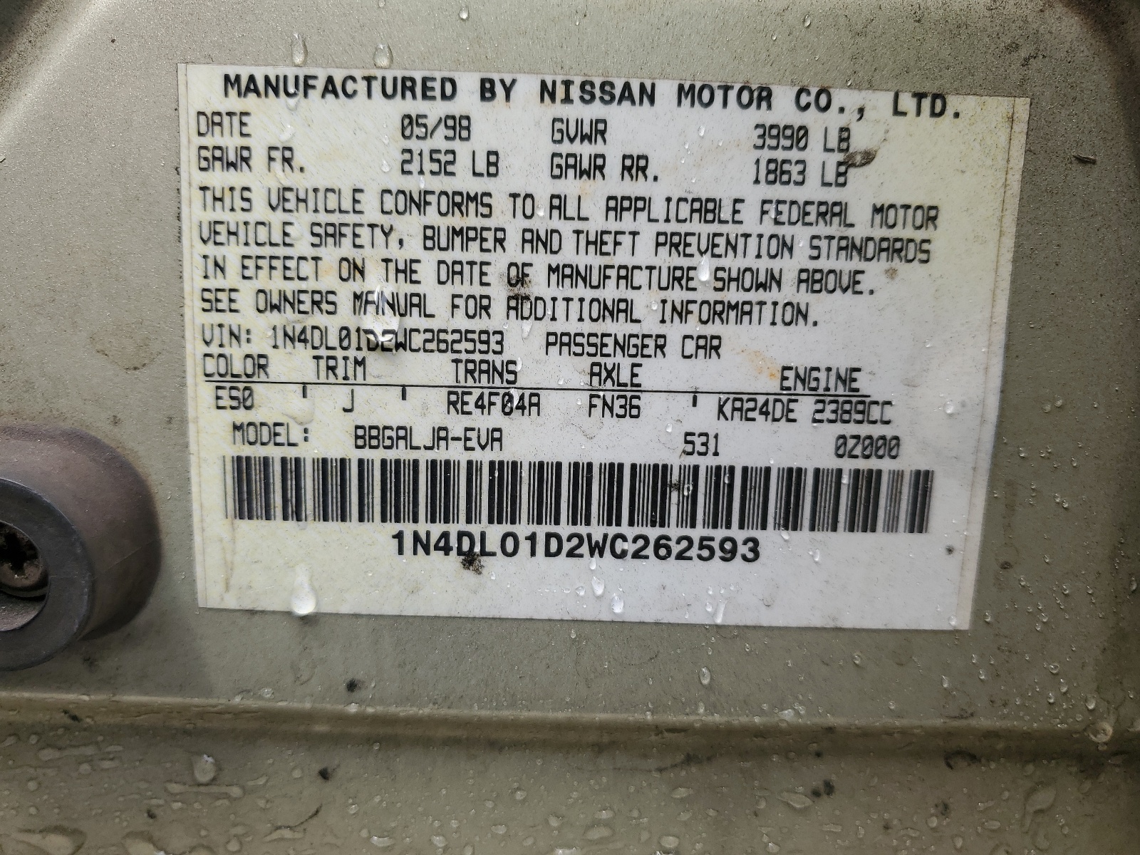 1N4DL01D2WC262593 1998 Nissan Altima Xe