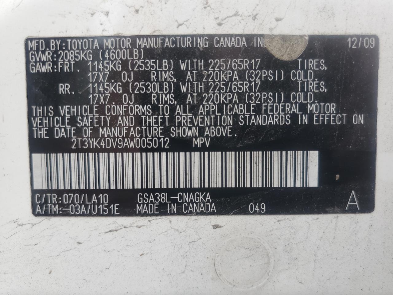 2010 Toyota Rav4 Limited VIN: 2T3YK4DV9AW005012 Lot: 65142464