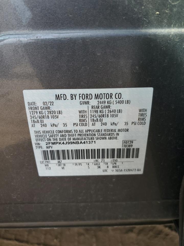 2022 Ford Edge Sel VIN: 2FMPK4J99NBA41371 Lot: 63334164