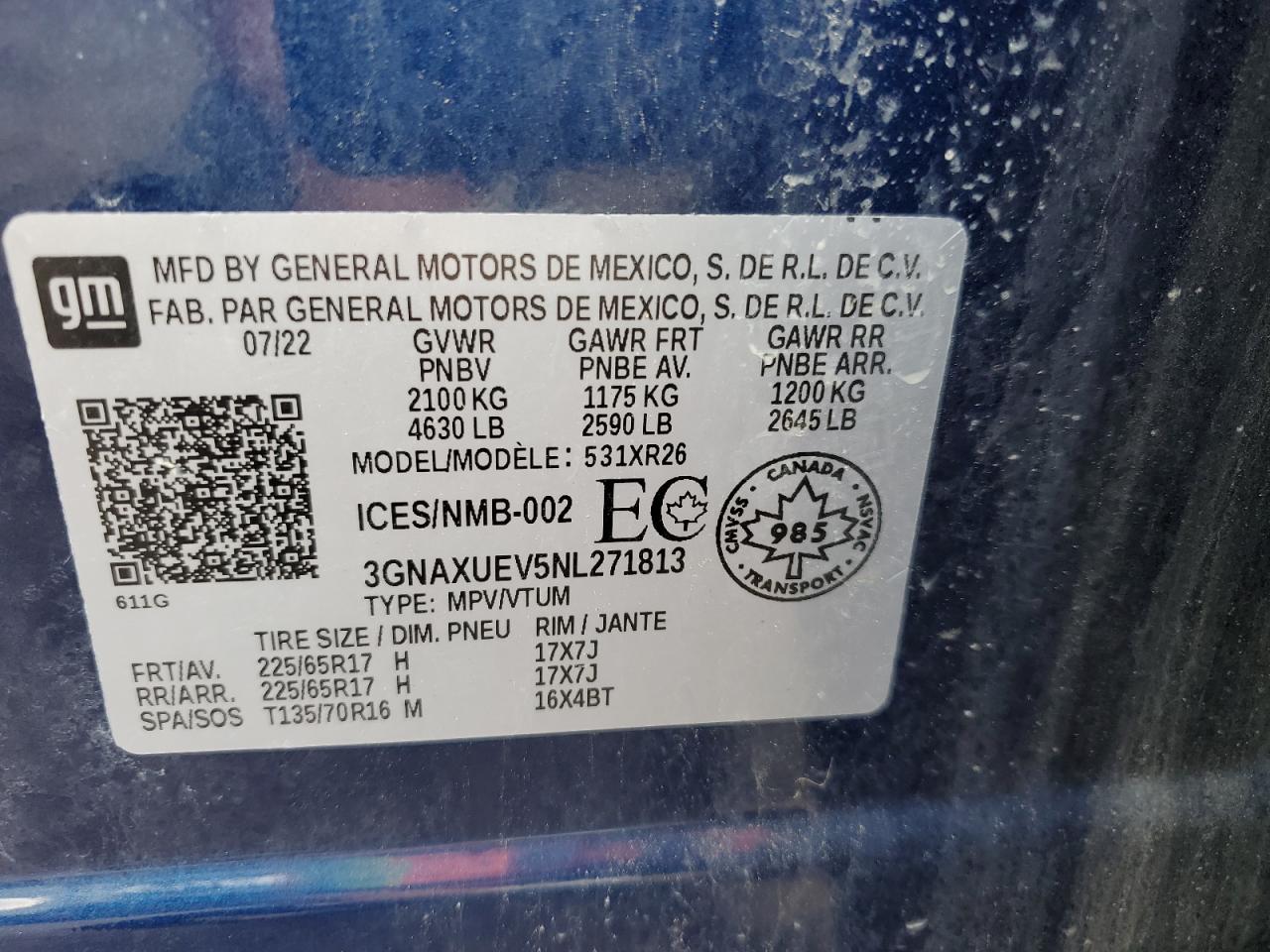 2022 Chevrolet Equinox Lt VIN: 3GNAXUEV5NL271813 Lot: 61999594