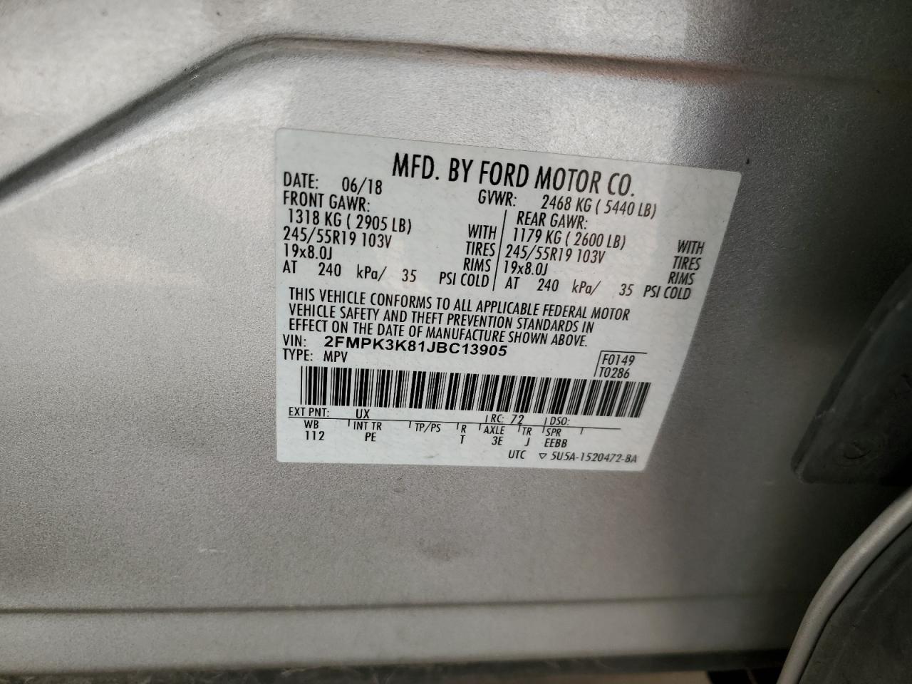 2018 Ford Edge Titanium VIN: 2FMPK3K81JBC13905 Lot: 64628594