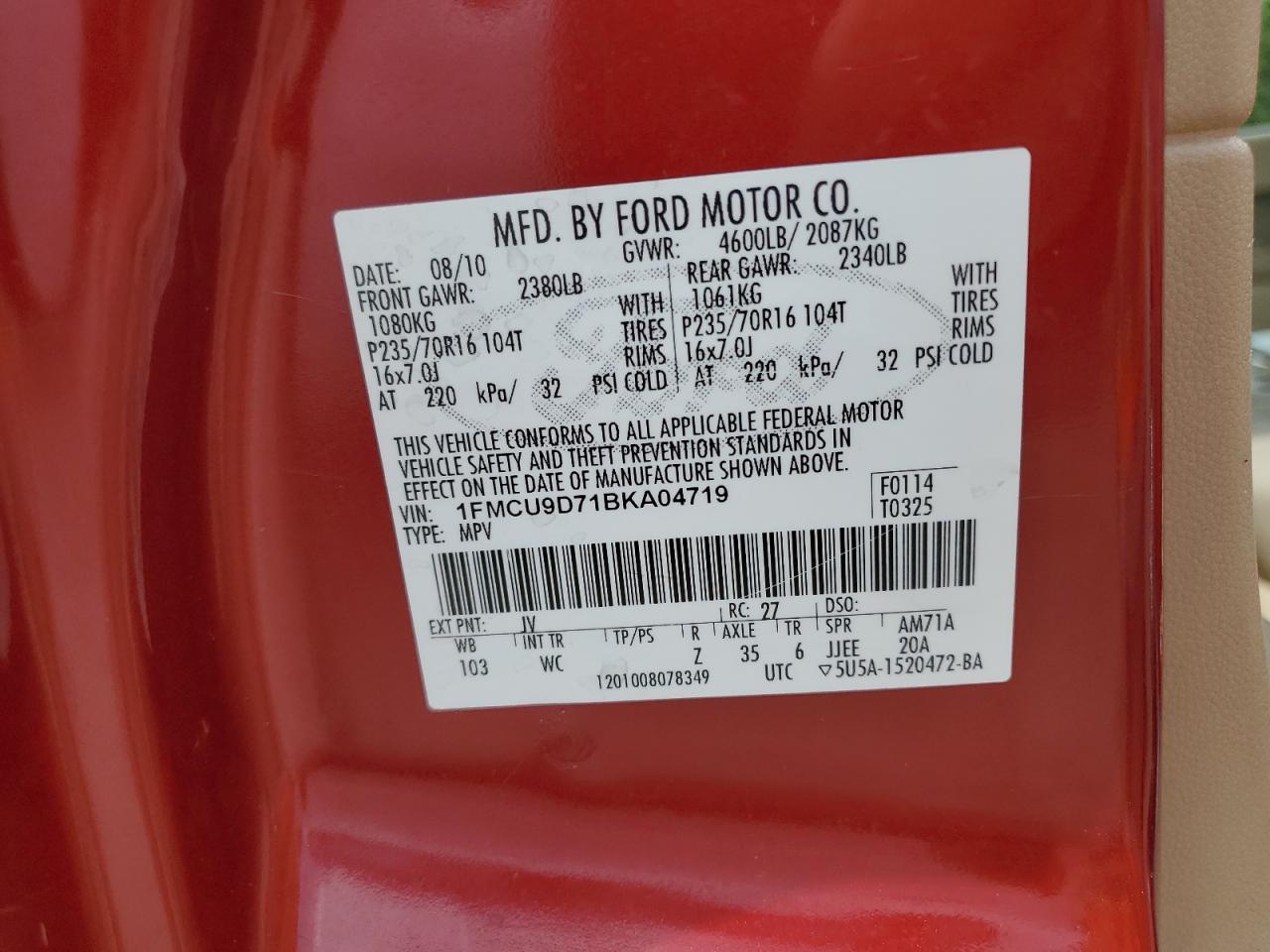 2011 Ford Escape Xlt VIN: 1FMCU9D71BKA04719 Lot: 63704054