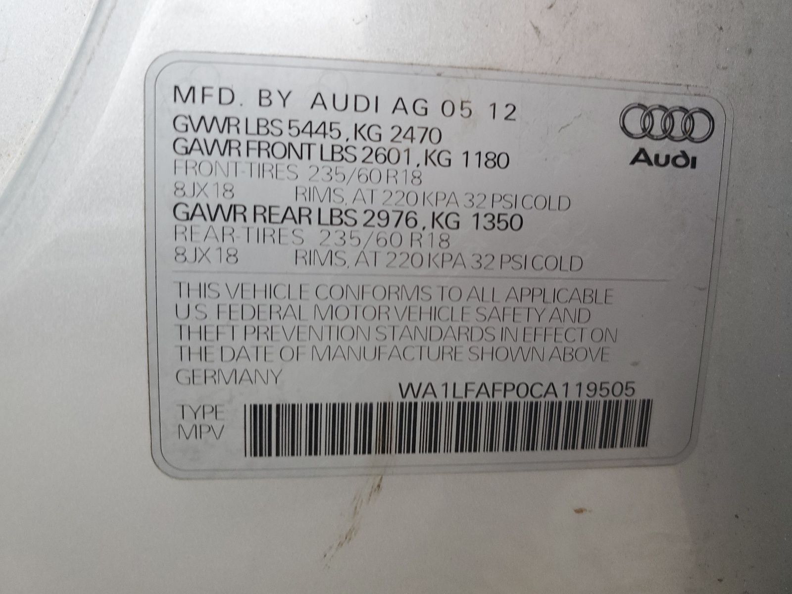 2012 Audi Q5 Premium Plus vin: WA1LFAFP0CA119505