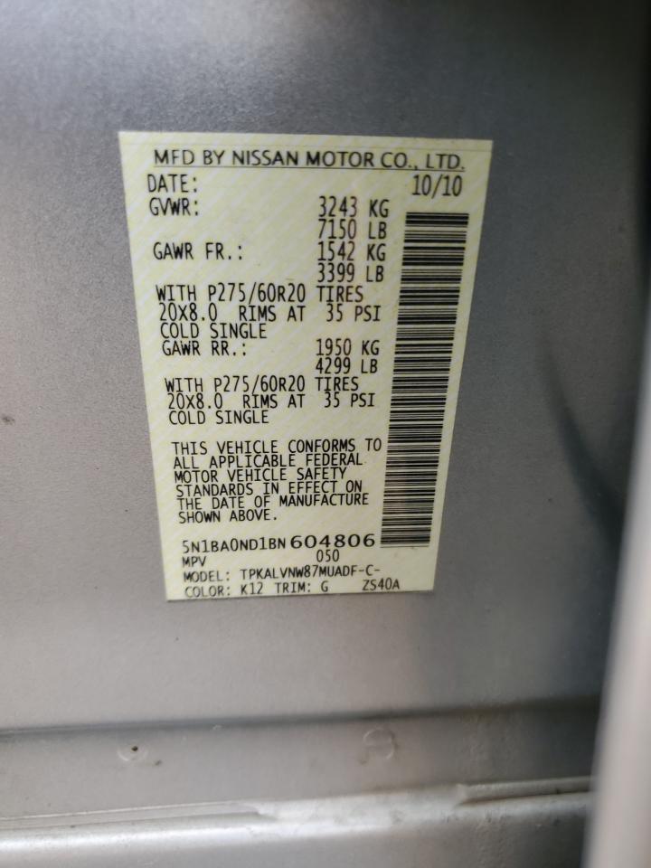 2011 Nissan Armada Sv VIN: 5N1BA0ND1BN604806 Lot: 63364674