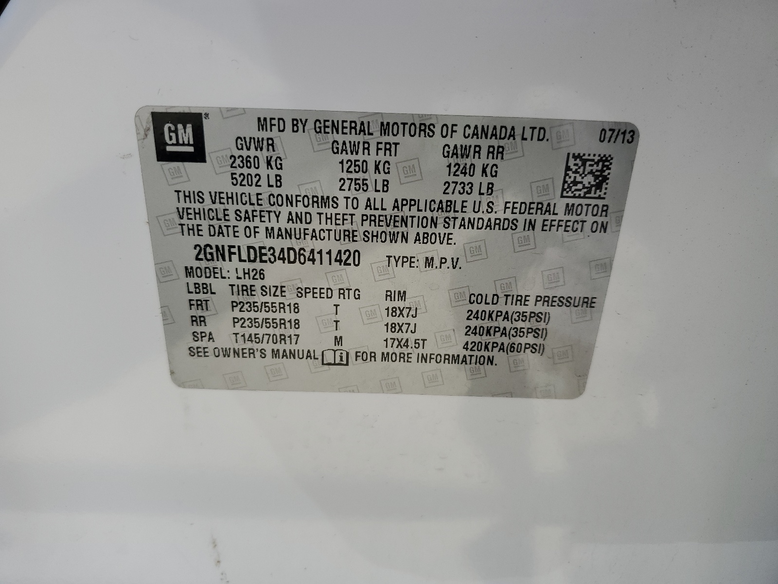 2GNFLDE34D6411420 2013 Chevrolet Equinox Lt