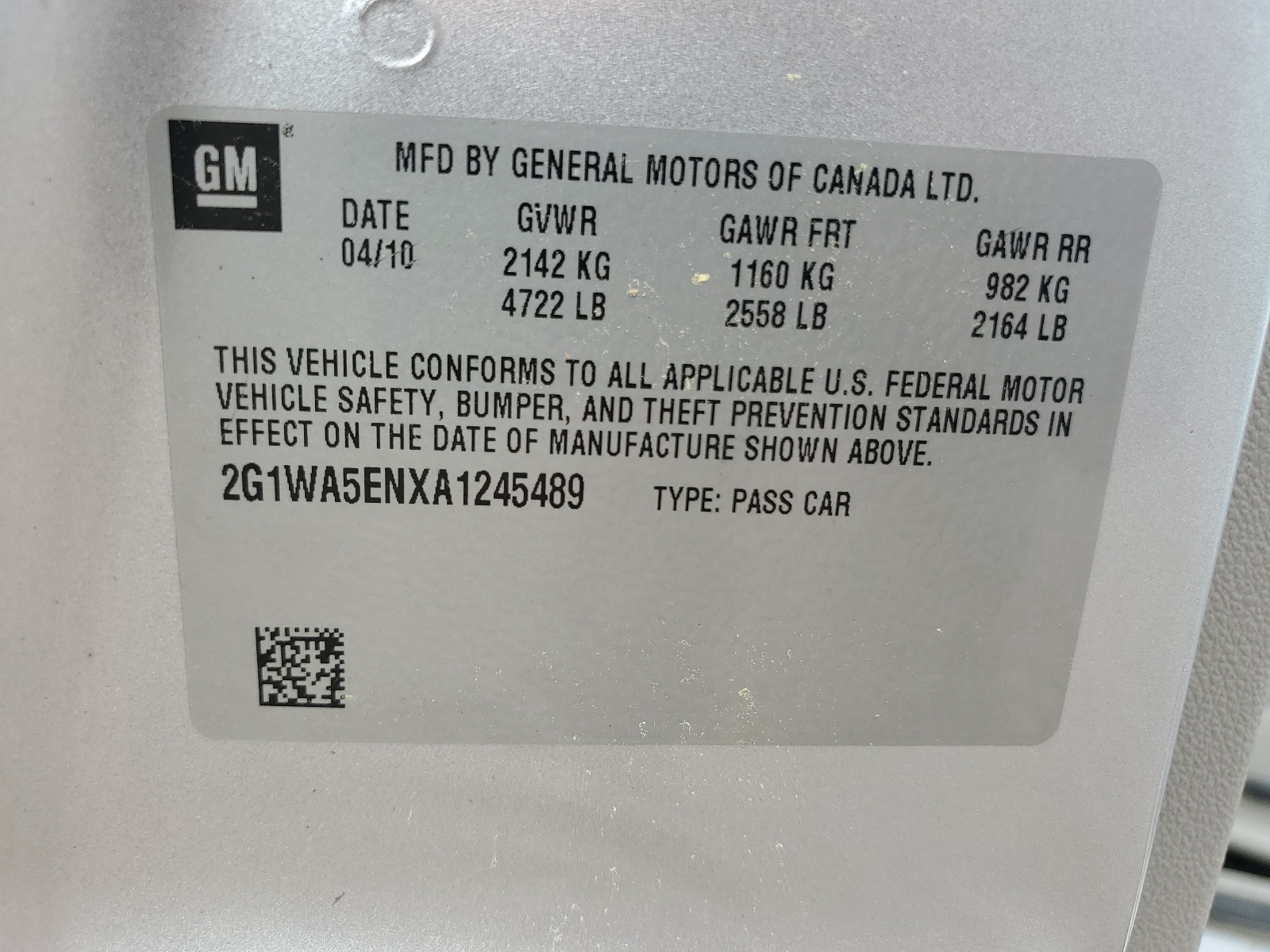 2G1WA5ENXA1245489 2010 Chevrolet Impala Ls