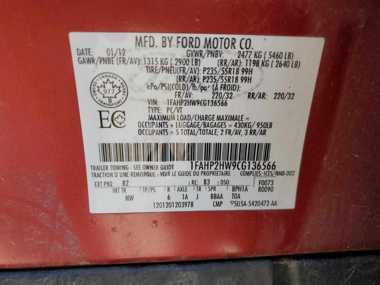 2012 Ford Taurus Sel VIN: 1FAHP2HW9CG136566 Lot: 63301124