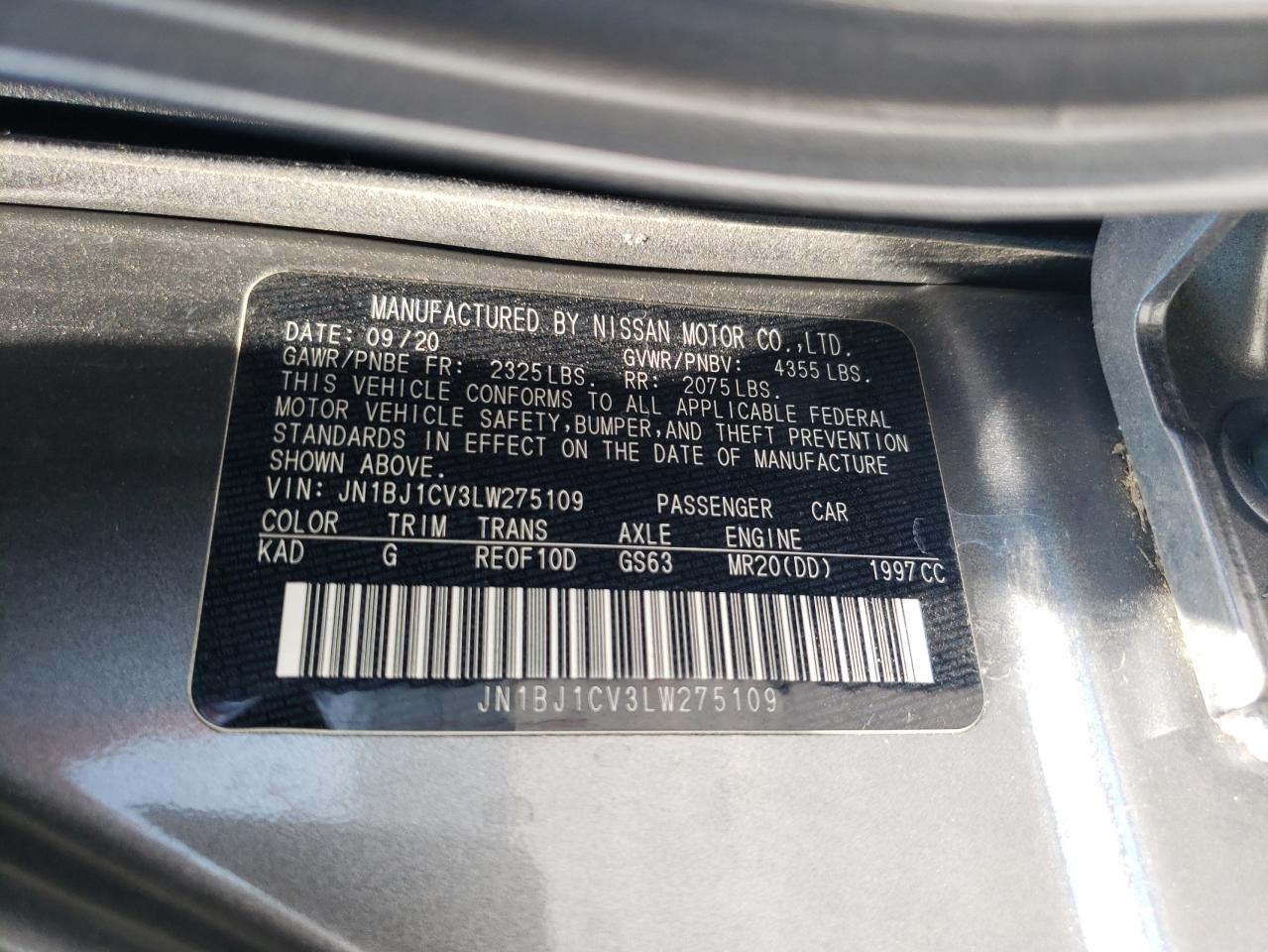 2020 Nissan Rogue Sport S VIN: JN1BJ1CV3LW275109 Lot: 64568234