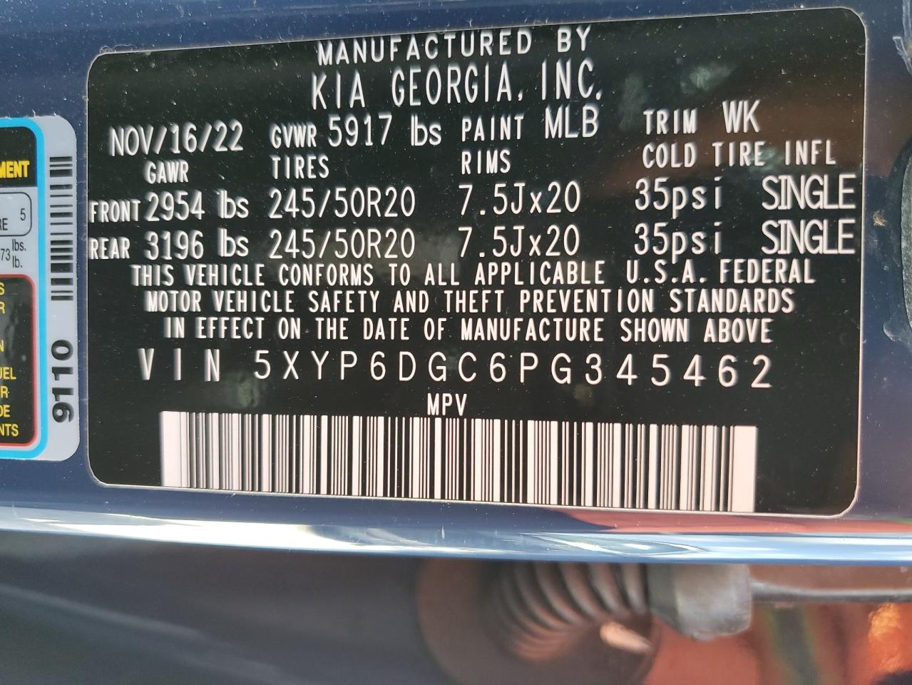 2023 Kia Telluride S VIN: 5XYP6DGC6PG345462 Lot: 61540364