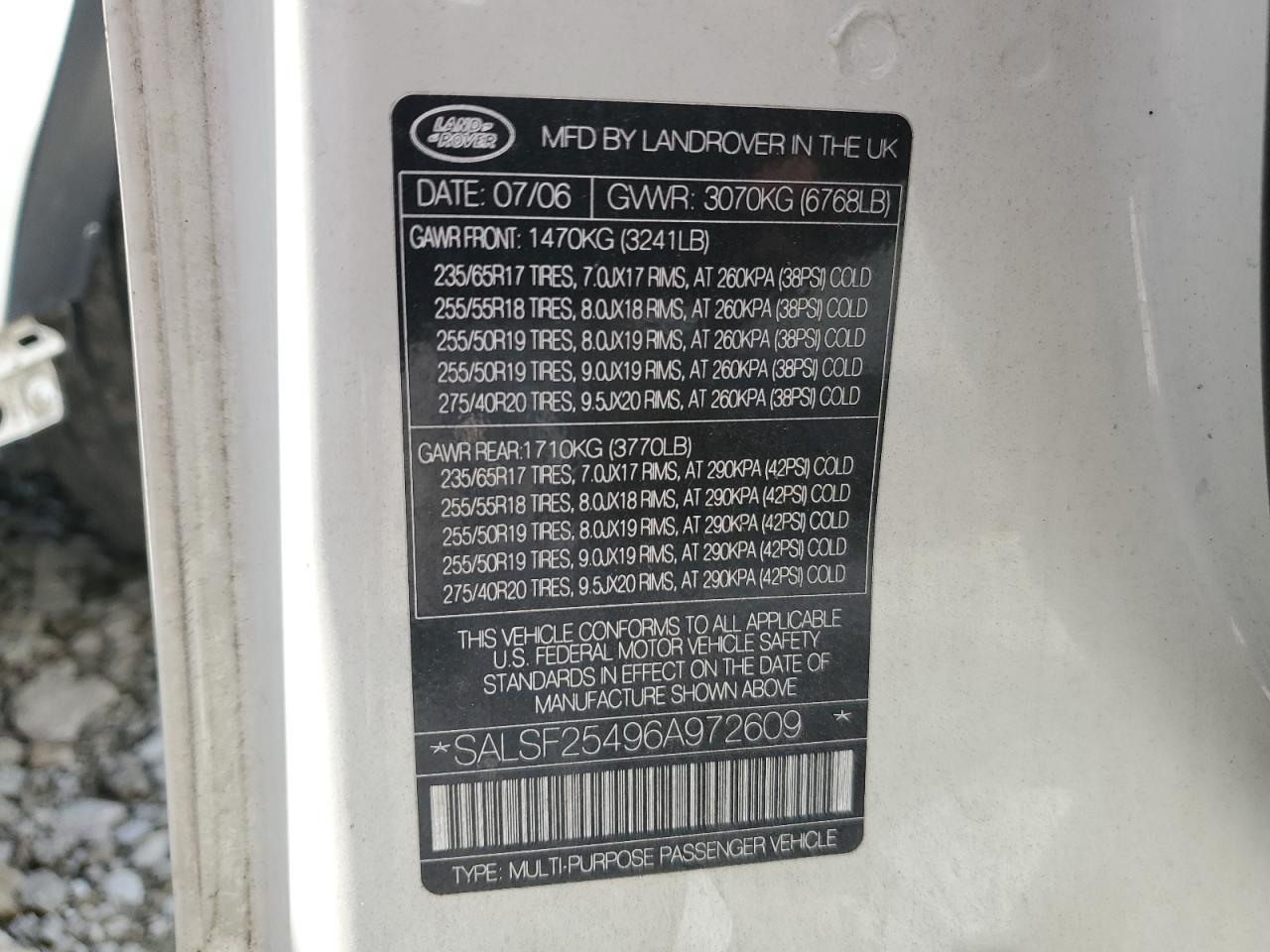 2006 Land Rover Range Rover Sport Hse VIN: SALSF25496A972609 Lot: 65155704