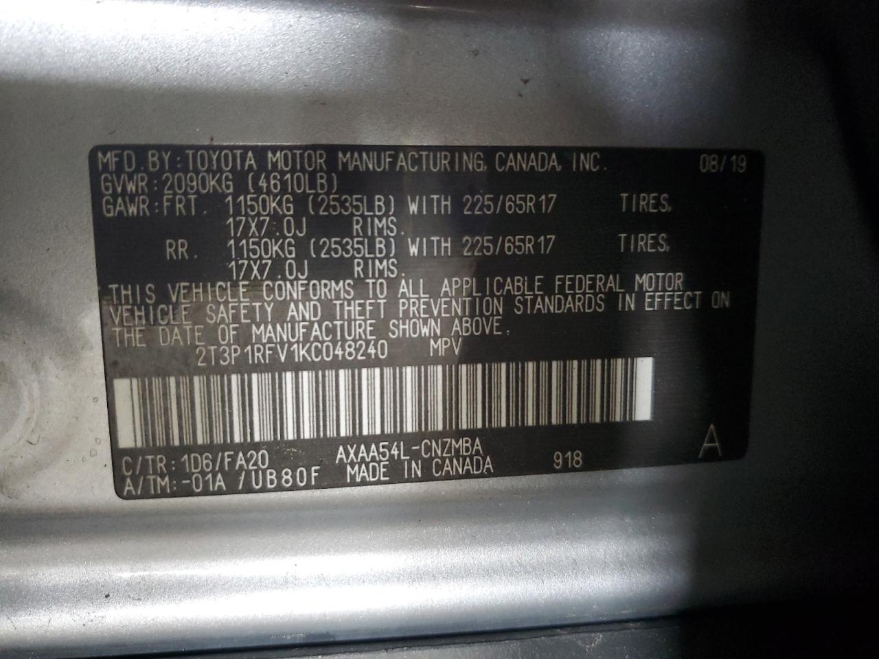 2019 Toyota Rav4 Xle VIN: 2T3P1RFV1KC048240 Lot: 64405194