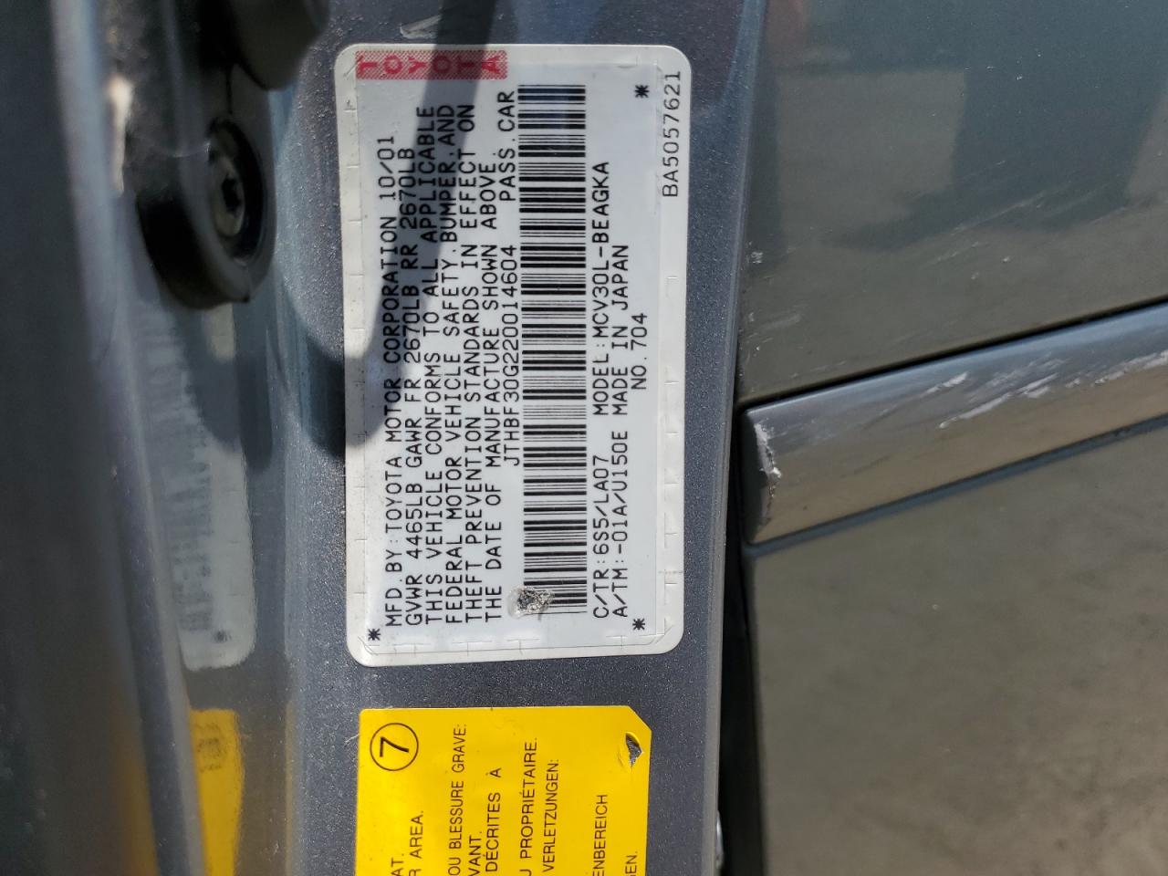 2002 Lexus Es 300 VIN: JTHBF30G220014604 Lot: 61987064