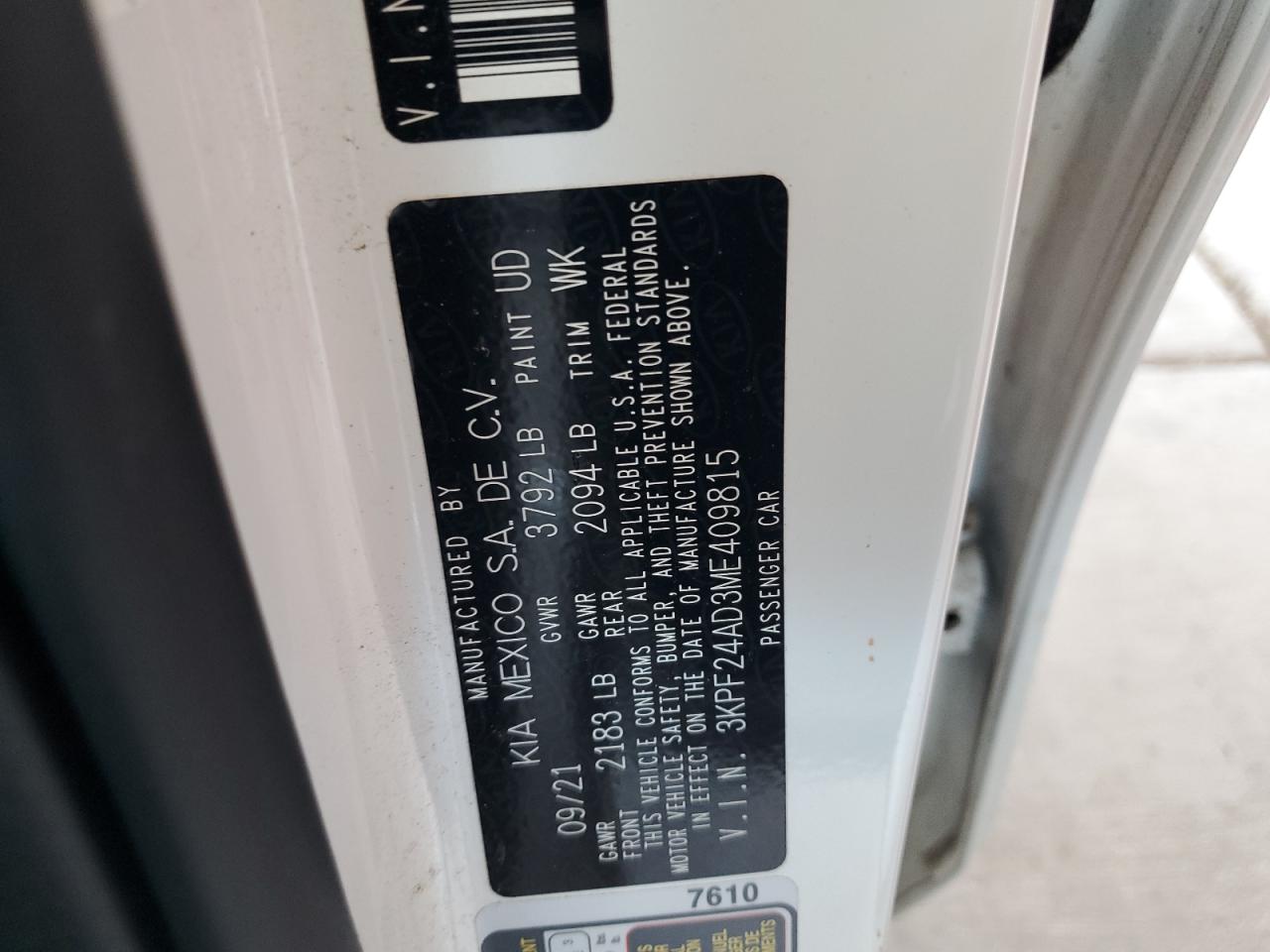 2021 Kia Forte Fe VIN: 3KPF24AD3ME409815 Lot: 63870174