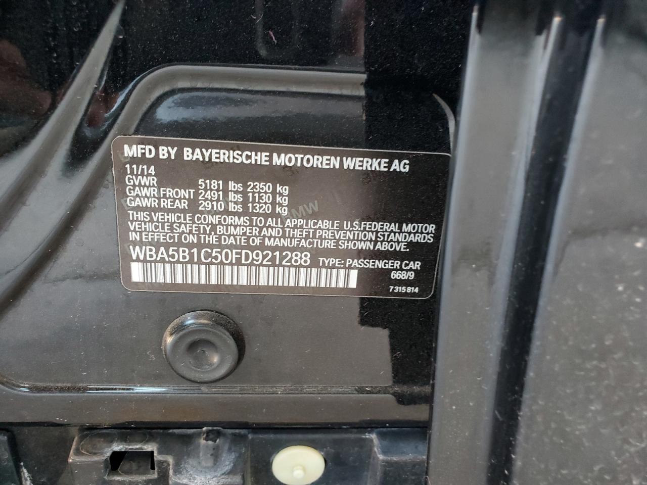 2015 BMW 535 I VIN: WBA5B1C50FD921288 Lot: 62752404