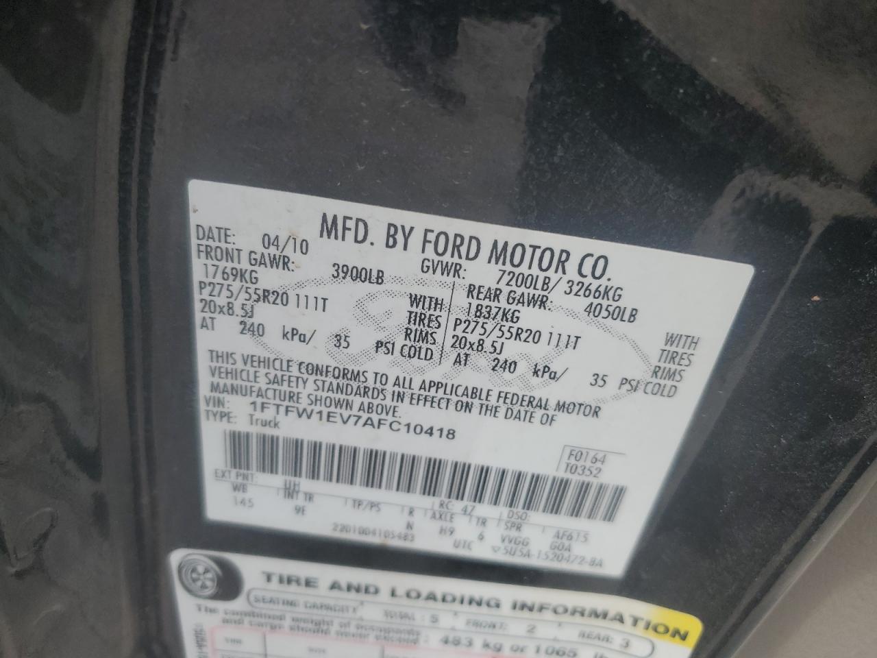 2010 Ford F150 Supercrew VIN: 1FTFW1EV7AFC10418 Lot: 63298504