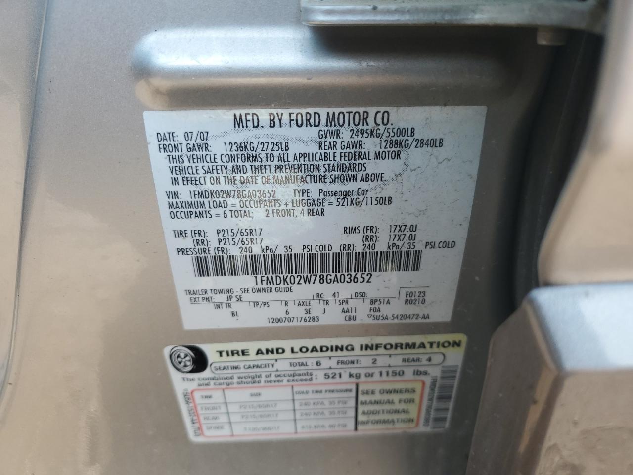 2008 Ford Taurus X Sel VIN: 1FMDK02W78GA03652 Lot: 62703774