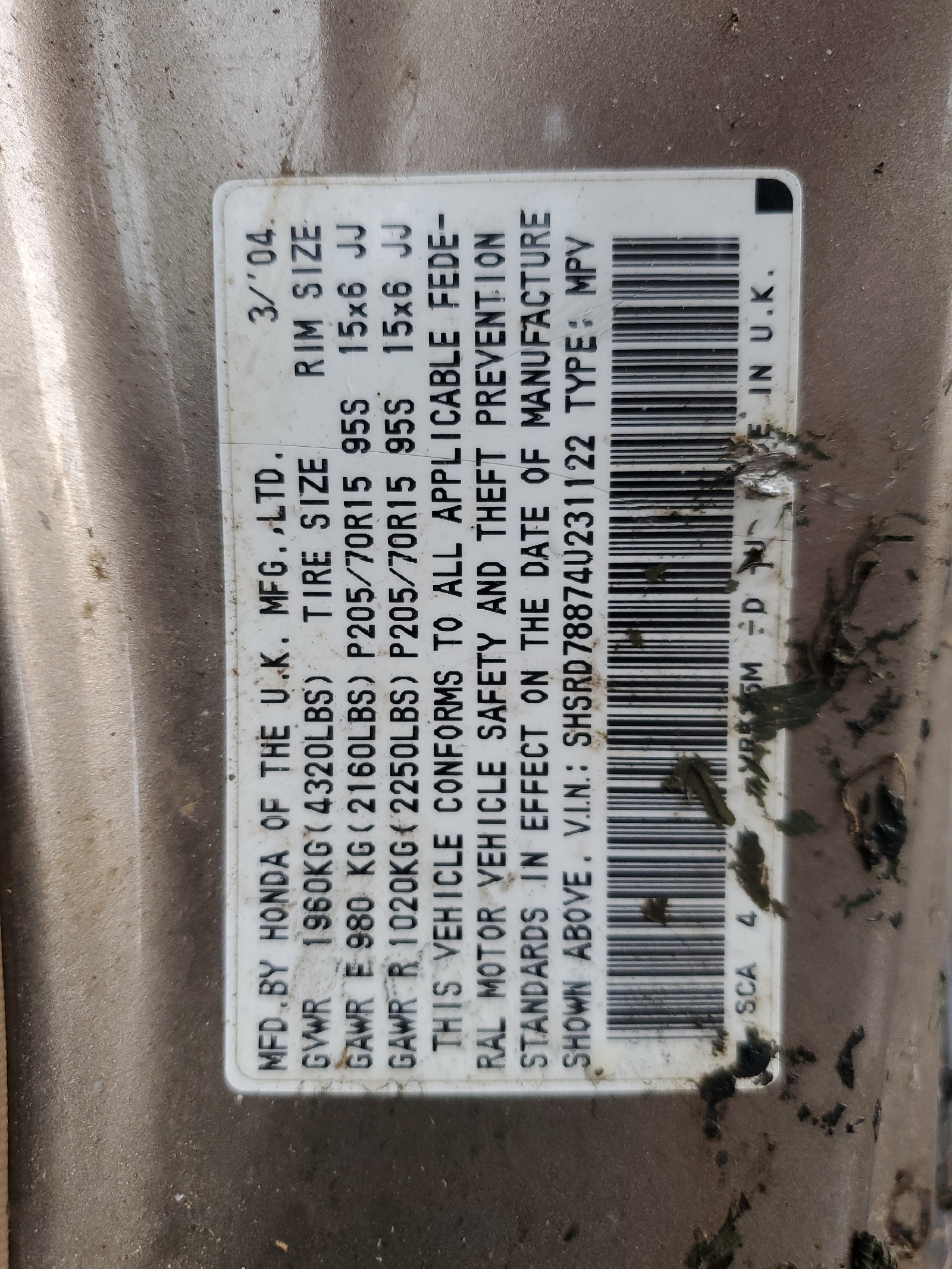 SHSRD78874U231122 2004 Honda Cr-V Ex