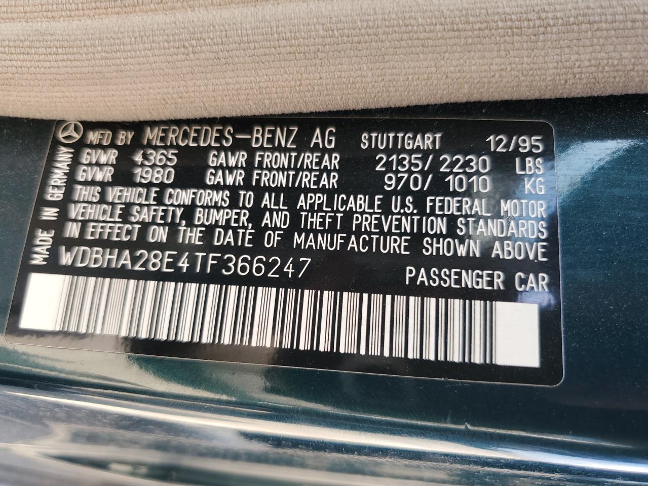 1996 Mercedes-Benz C 280 VIN: WDBHA28E4TF366247 Lot: 63212174