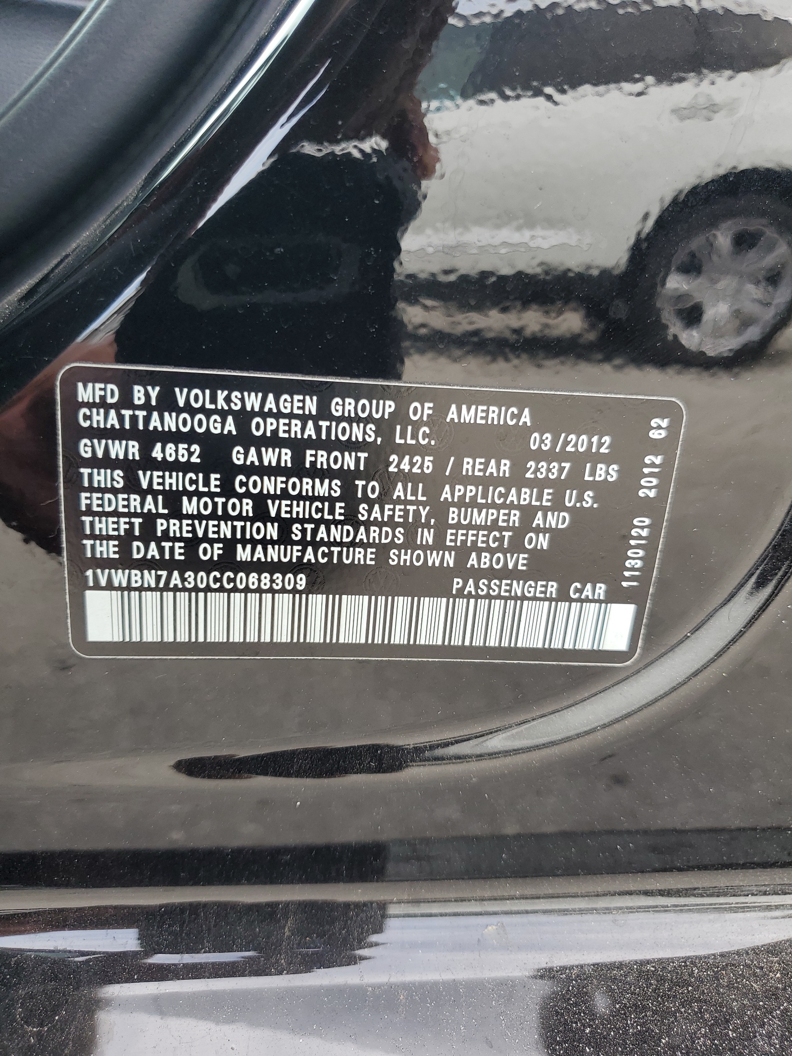 1VWBN7A30CC068309 2012 Volkswagen Passat Se