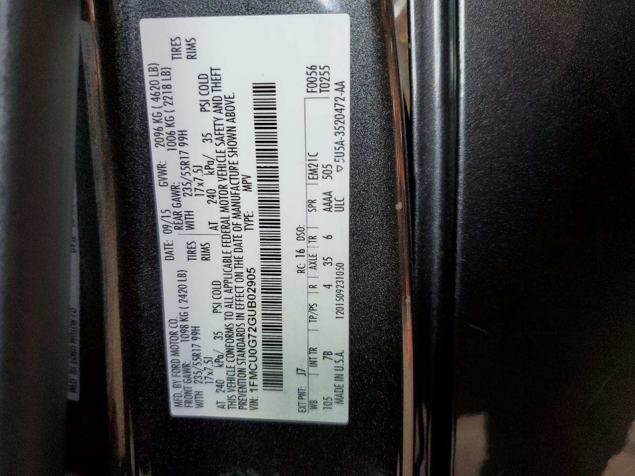 1FMCU0G72GUB02905 2016 Ford Escape Se