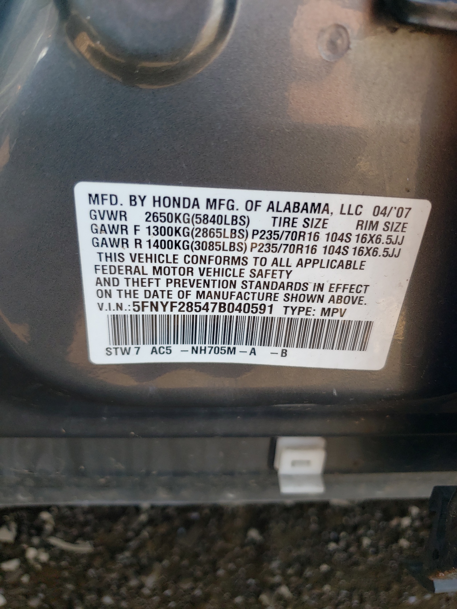 5FNYF28547B040591 2007 Honda Pilot Exl