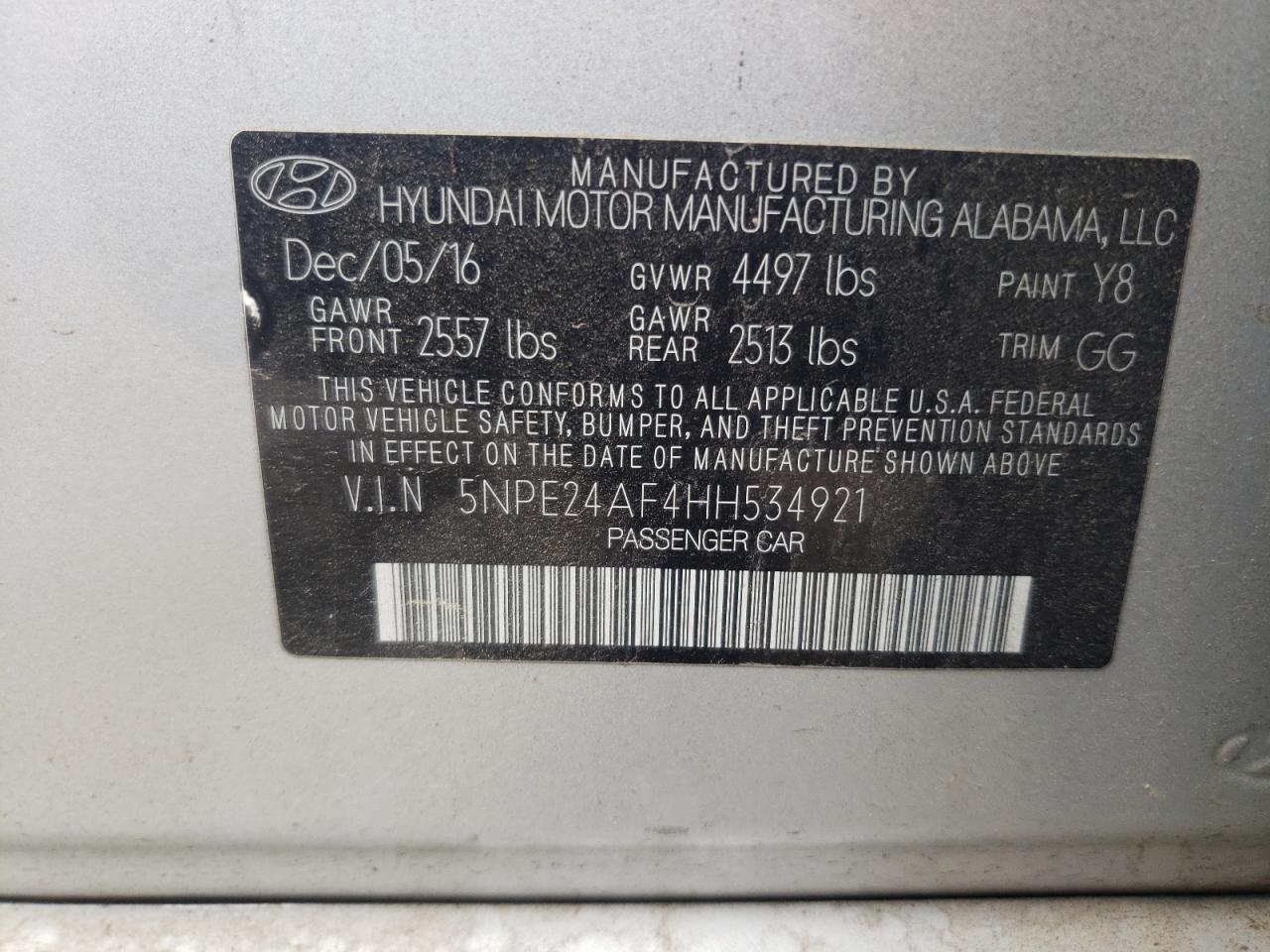 2017 Hyundai Sonata Se VIN: 5NPE24AF4HH534921 Lot: 64996604