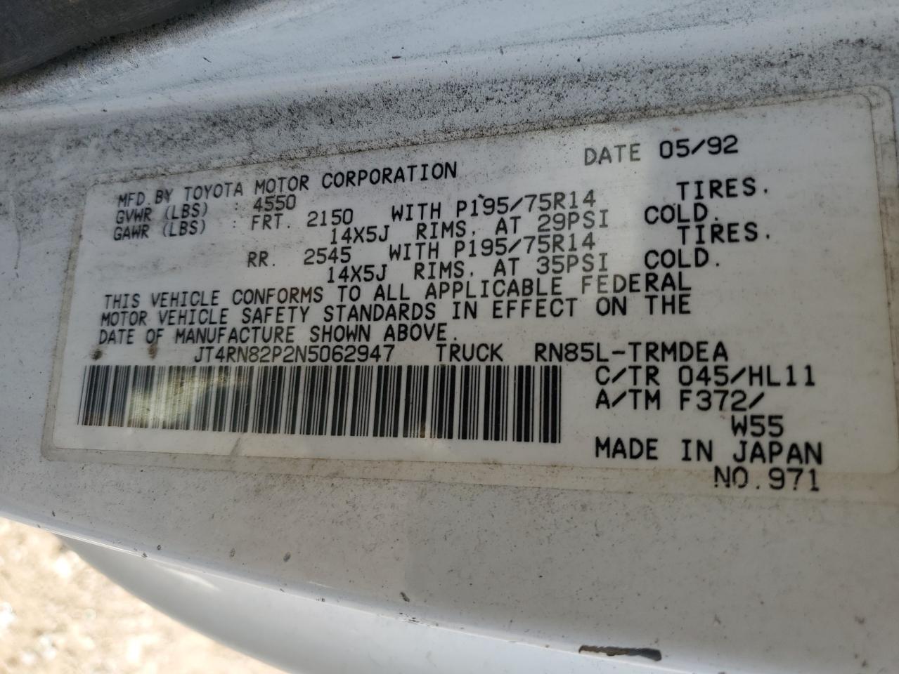 1992 Toyota Pickup 1/2 Ton Long Wheelbase Dlx VIN: JT4RN82P2N5062947 Lot: 63883634