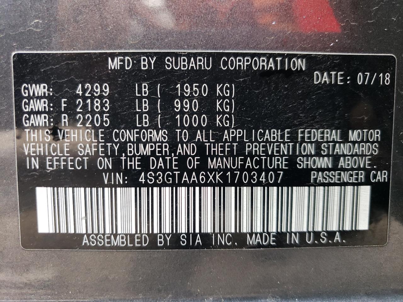 2019 Subaru Impreza VIN: 4S3GTAA6XK1703407 Lot: 63184124