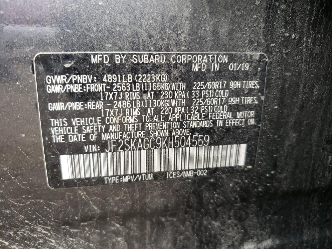 2019 Subaru Forester Premium VIN: JF2SKAGC9KH504559 Lot: 64677434